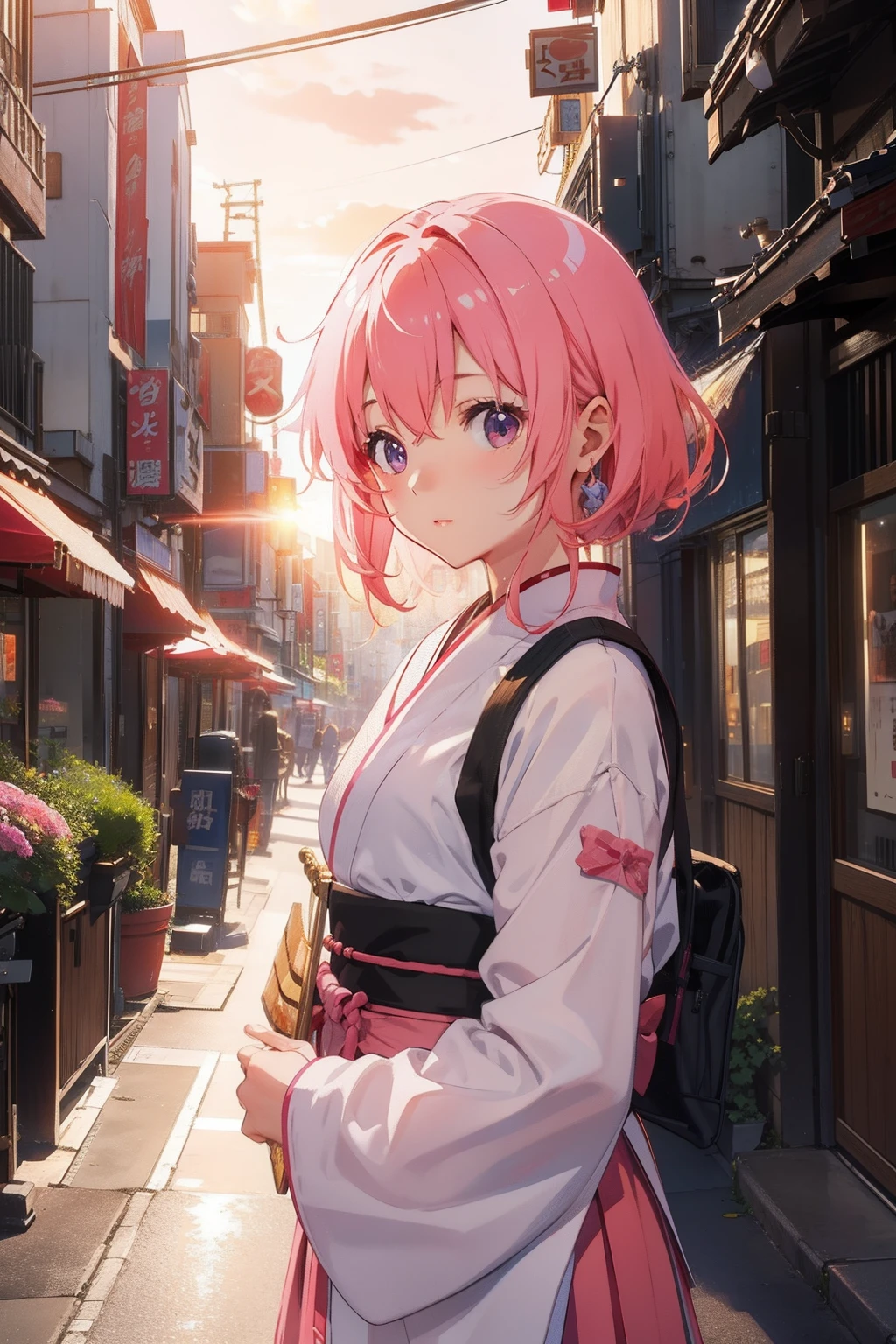 masterpiece、top-quality、Movie stills、1girl、Tsugaru shamisen、pink shorth hair、with light glowing、happiness、Warm soft lighting、Sunset in the city、(Spark:0.7)