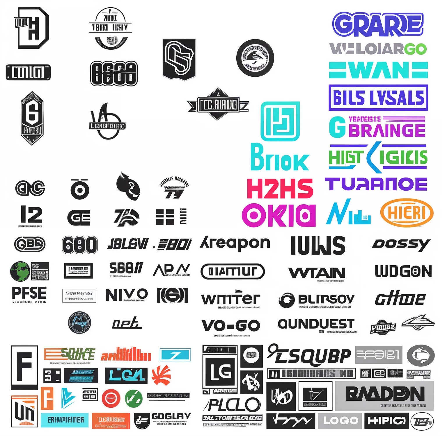 a close up of a bunch of different logos on a white background, logos, vectorized logo style, sticker design vector art, Logo vector art, beautiful brand labels, trademarks and symbols, 16-bit graphics, sticker design, logotype design, Streetwear Graphic Design, made with illustrator, brandmark, sticker sheet, logo graphic design, with labels. High quality