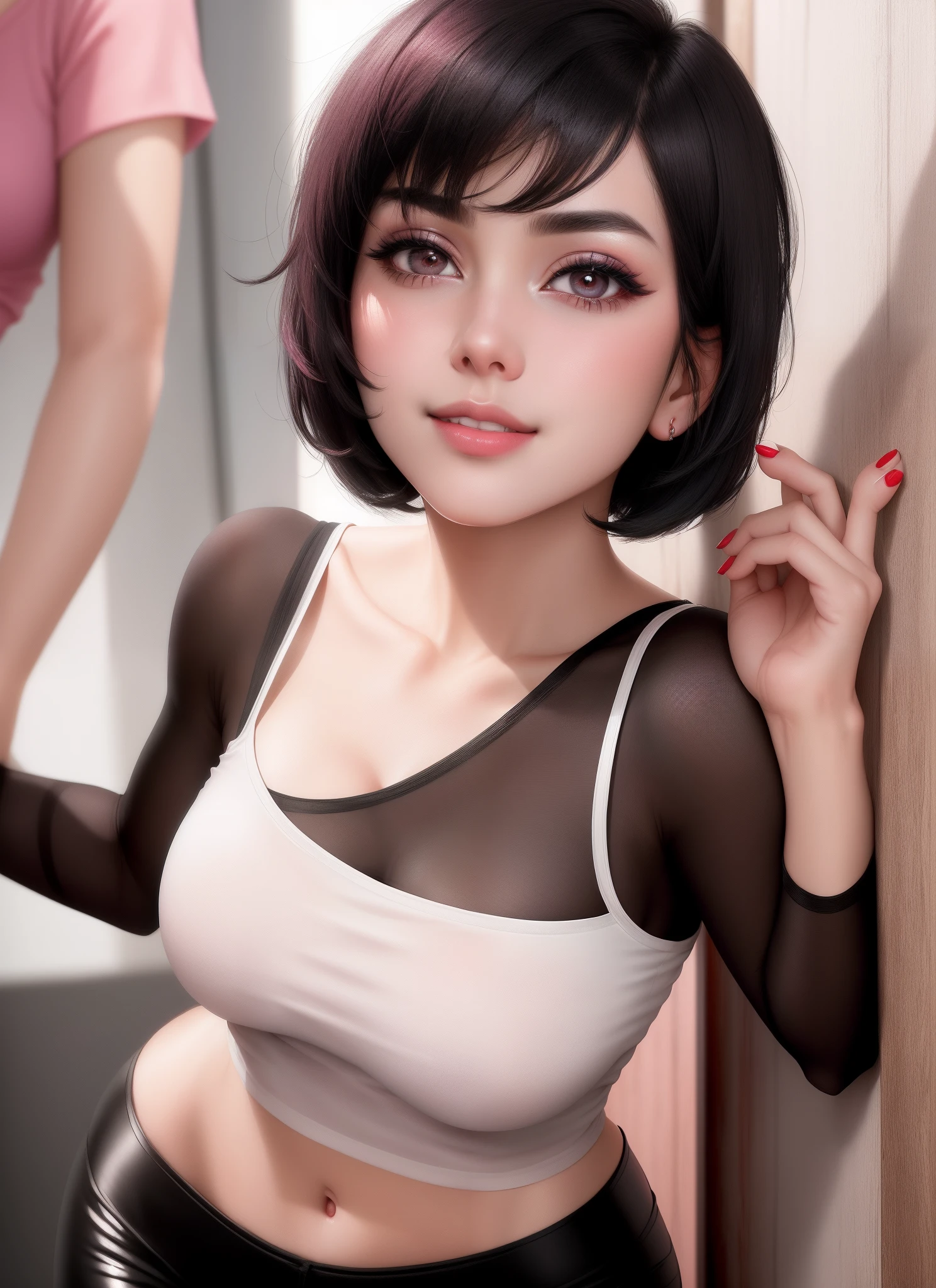 Sexy and cute woman, short black hair, bob style, kind soft delicate eyes, expressive eyes, seductive gaze, deepest pink blush, glossy red lips smiling parted, plump, long neck, visible collarbone, medium chest, white t shirt with black graphics tucked into black shiny pants, pinned against a wooden wall, intimate moment