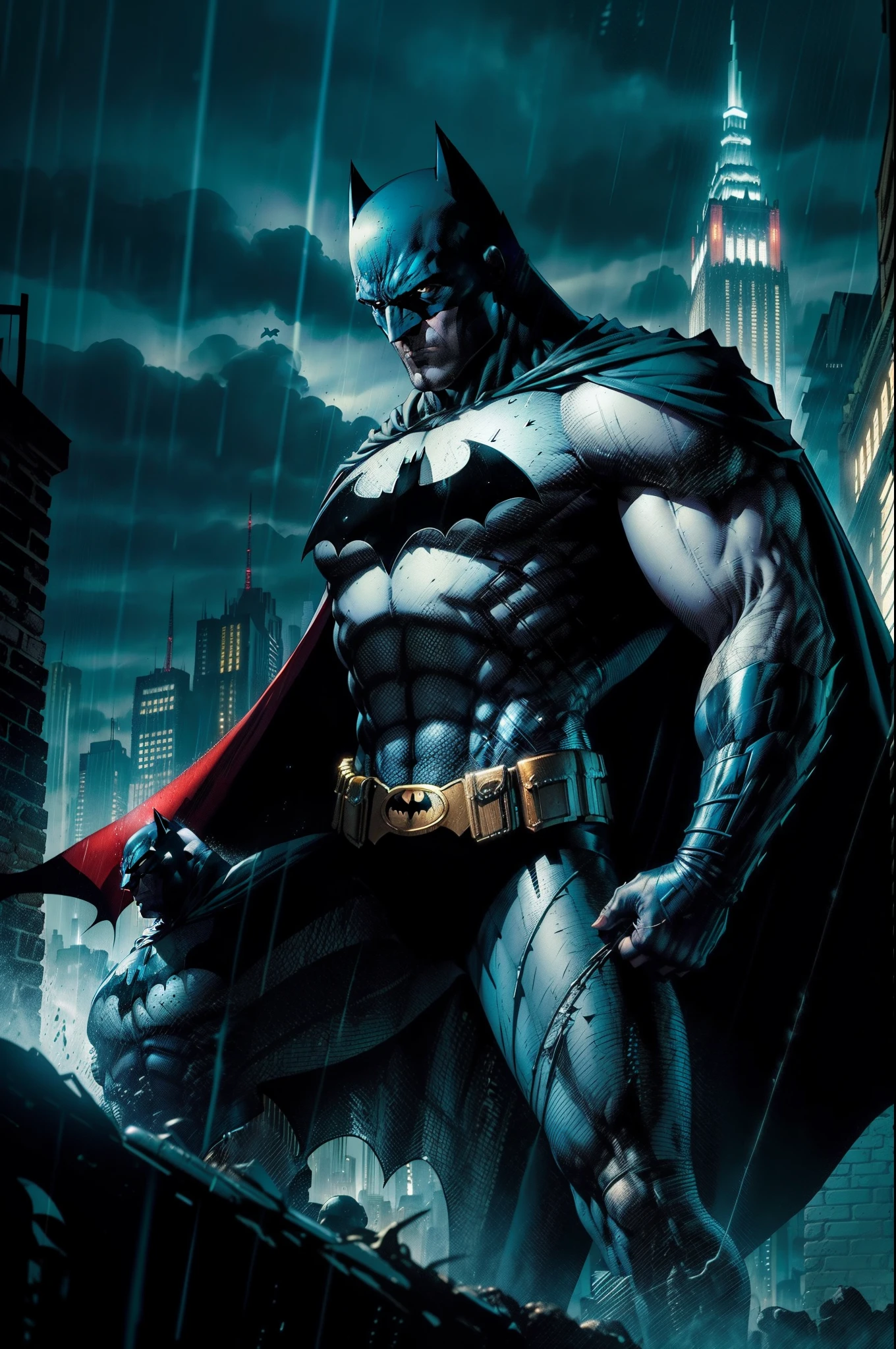 Certainly, here's the prompt translated into English:

"Vividly describe the moment when Batman confronts his deepest fears and the complex of his parents' death. He stands on a rainy night, on the edge of a cliff, gazing at Gotham City in the distance. Rain trickles down his face, mixing with the tears he struggles to contain. His tense body reflects the physical and mental effort he faces to overcome the pain that has haunted him since childhood. The gothic backdrop of the city lit by neon creates a dark and immersive atmosphere as he wrestles with the ghosts of his past. His dark cape billows in the wind, symbolizing his determination to protect Gotham despite his own fears. The artificial intelligence should capture this emotional and visual intensity to create a striking image in the style of DC Comics."