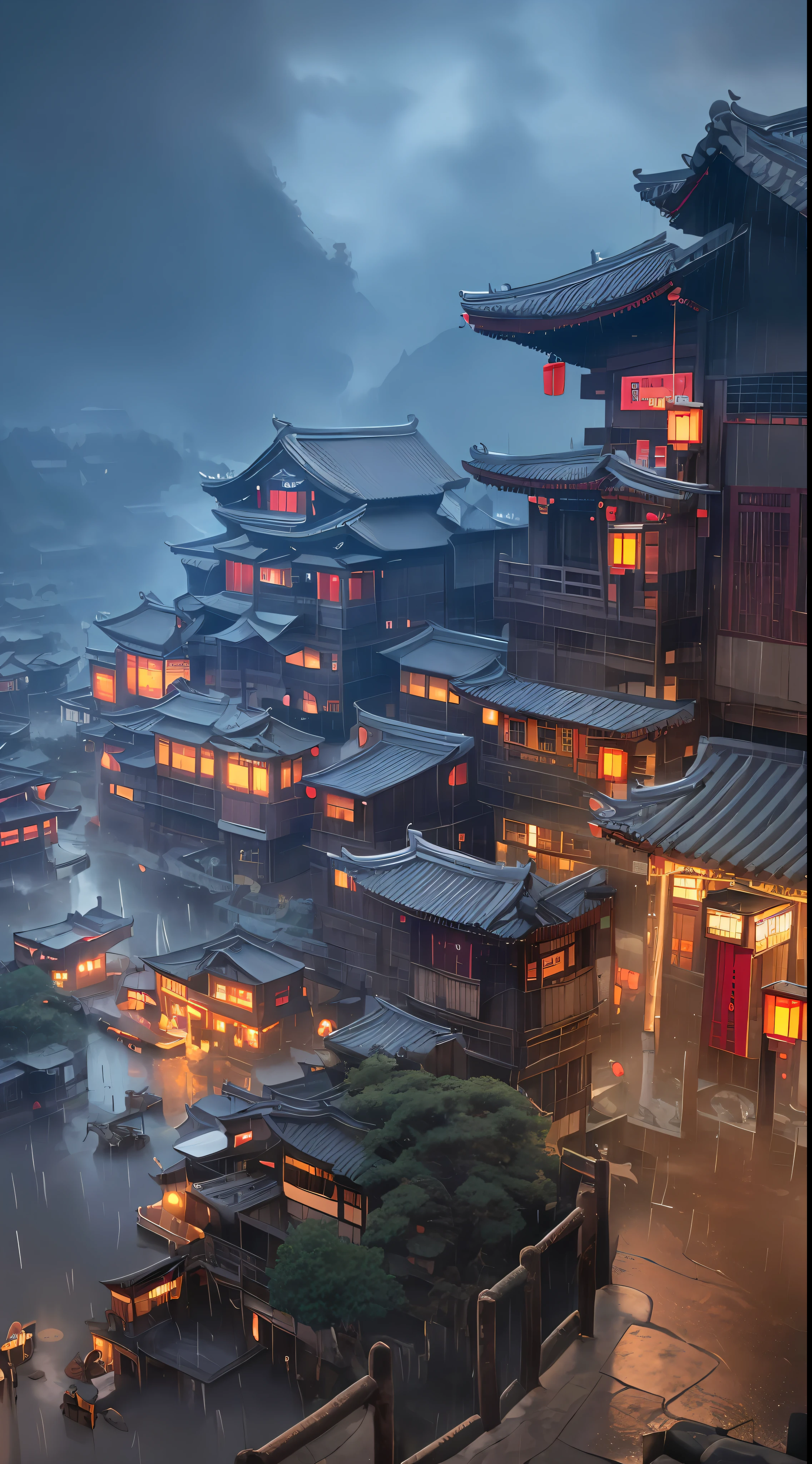 arafed view of a village with a lot of lights on the buildings, dreamy chinese town, chinese village, amazing wallpaper, japanese town, japanese village, hyper realistic photo of a town, old asian village, japanese city, by Raymond Han, rainy evening, cyberpunk chinese ancient castle, beautifully lit buildings, at evening during rain, beautiful and aesthetic, photography, cinematic, 8k, high detailed ((Heavy rain)))