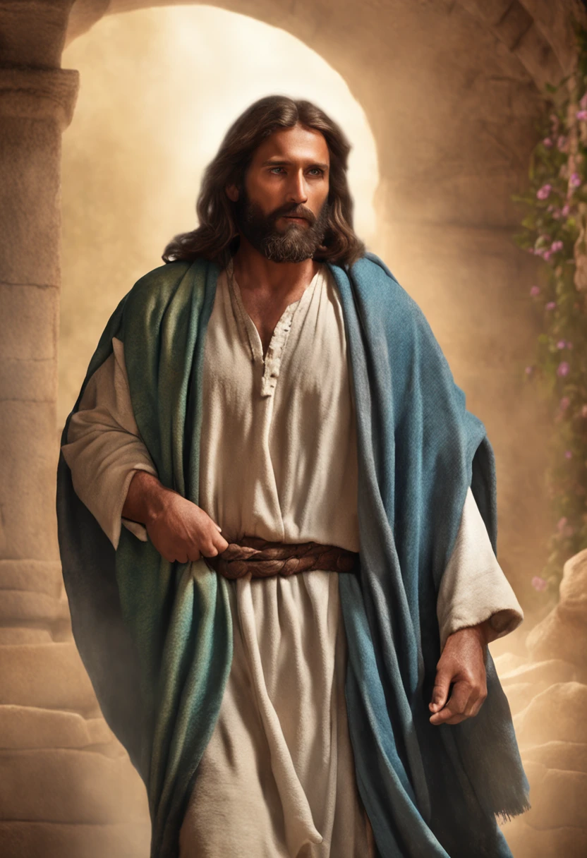 Arafed image of a man with long hair and beard, portrait of Jesus Christ, Jesus Christ, Greg Olsen, Jesus of Nazareth, painted in high resolution, The Lord and Savior, Jon McNaughton, 8K resolution. Oil on canvas, face of Jesus, portrait of religious masterpiece, ultra detail. Digital painting, dressed as Jesus Christ, very beautiful portrait, heavenly background