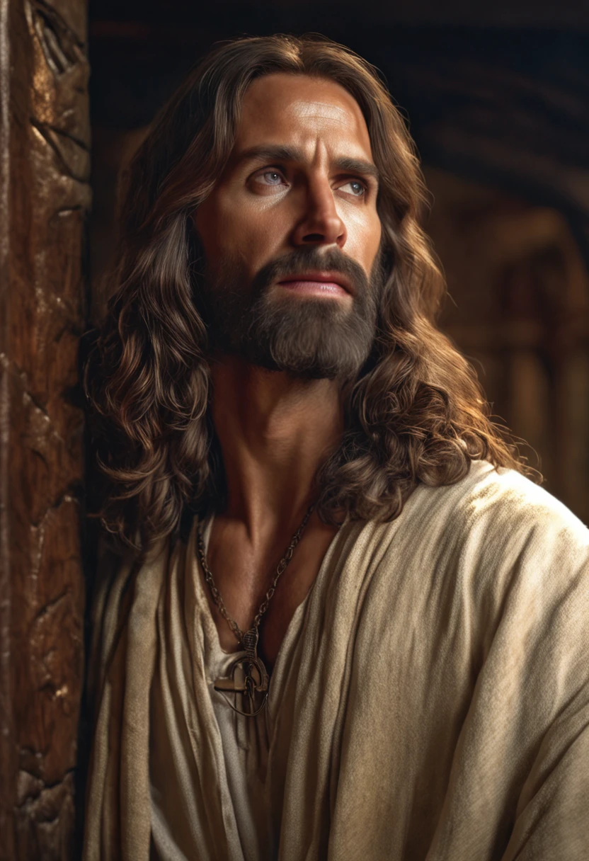 Arafed image of a man with long hair and beard, portrait of Jesus Christ, Jesus Christ, Greg Olsen, Jesus of Nazareth, painted in high resolution, The Lord and Savior, Jon McNaughton, 8K resolution. Oil on canvas, face of Jesus, portrait of religious masterpiece, ultra detail. Digital painting, dressed as Jesus Christ, very beautiful portrait, heavenly background