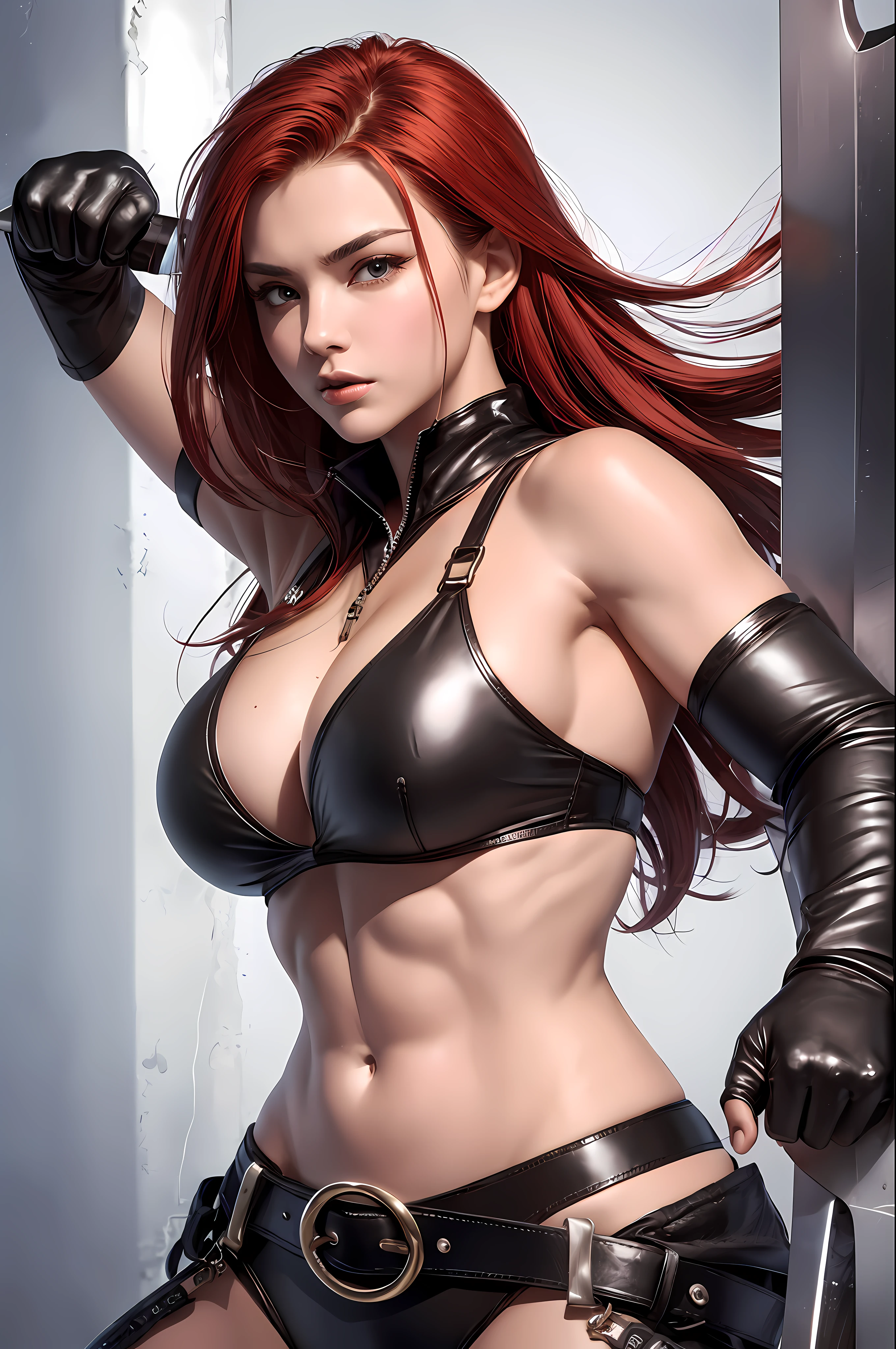 4k, attractive model, highly muscular body, vibrant red hair, gleaming metal bikini suit, leather gloves with details, leather belt adorned, holding a powerful axe, fighting pose.