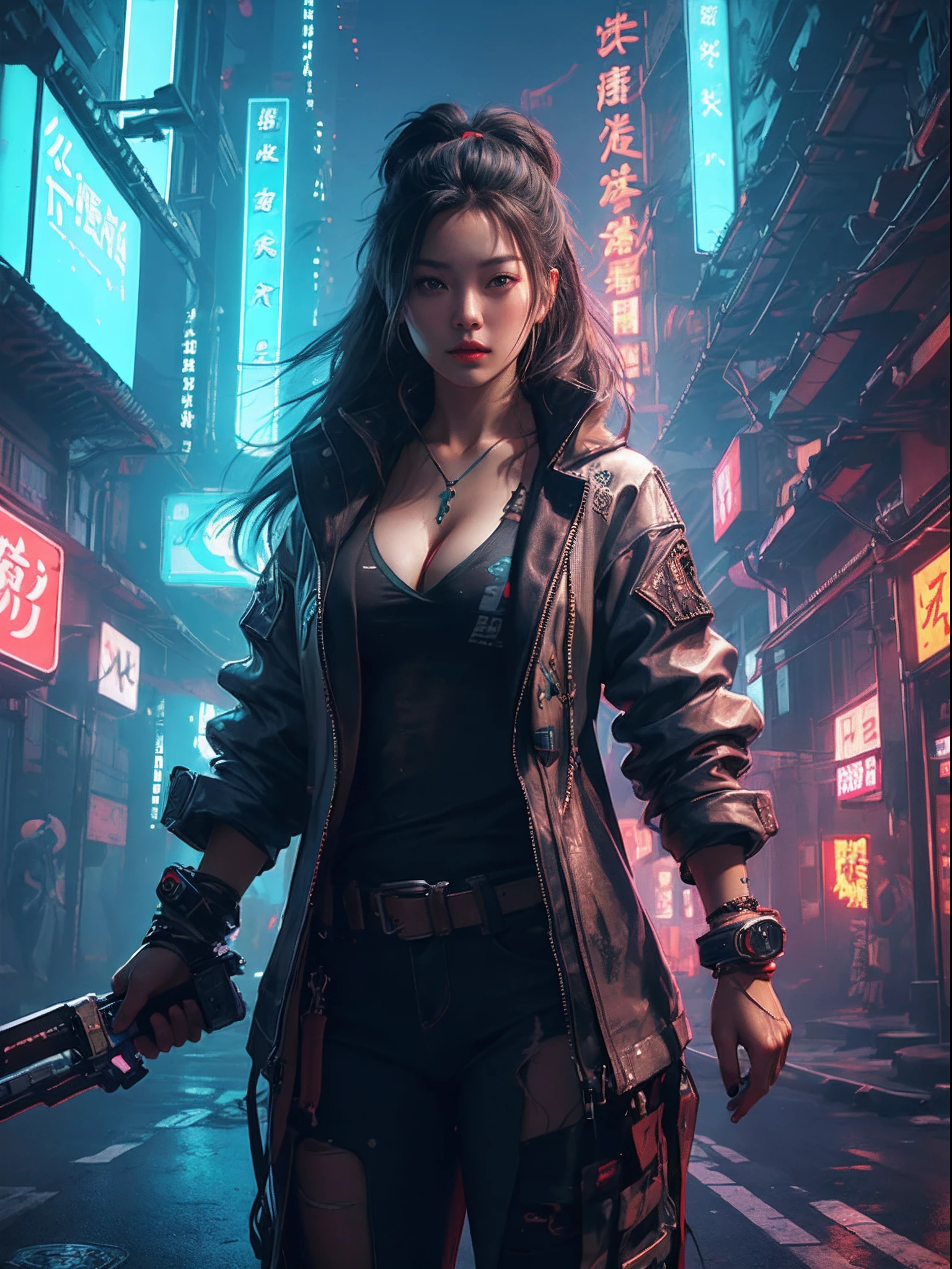 1 cyberpunk girl, tech jacket, ((long shapeless hair)), Best quality, masterpiece, ultra high res, (photorealistic:1.4), xiuxian, weapon, cleavage, (glowing neon lights:1.2),xiuxian, cowboy shot, ((dynamic pose)), ((east asian cyberpunk architecture))