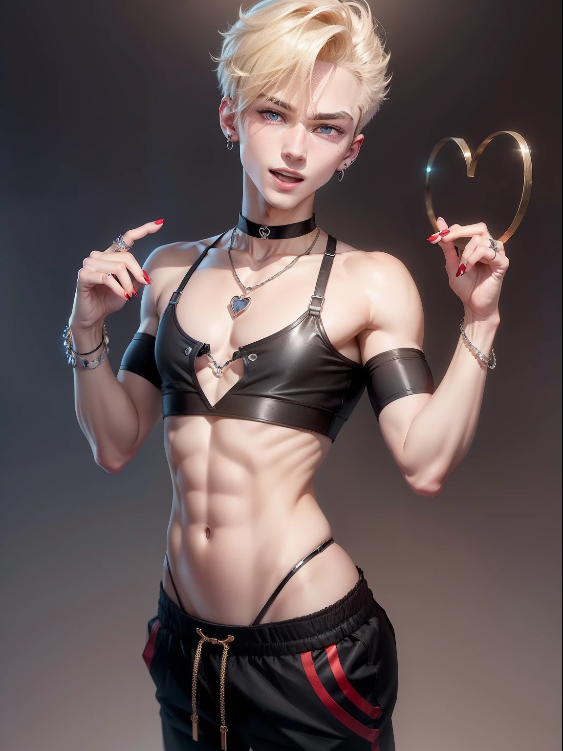 Bra Top, Beautiful fece、blonde guy, Jewelry, Ring, Blonde hair, Solo, Red heart symbol, earrings, Red Eyes, Looking at the viewer, Red Nails, Short hair, Undercut, a smile, One Boy, Necklace, Open mouth, Male Focus, Jersey pants, Navel, Choker, off shoulders,simple background、piece sign、heart