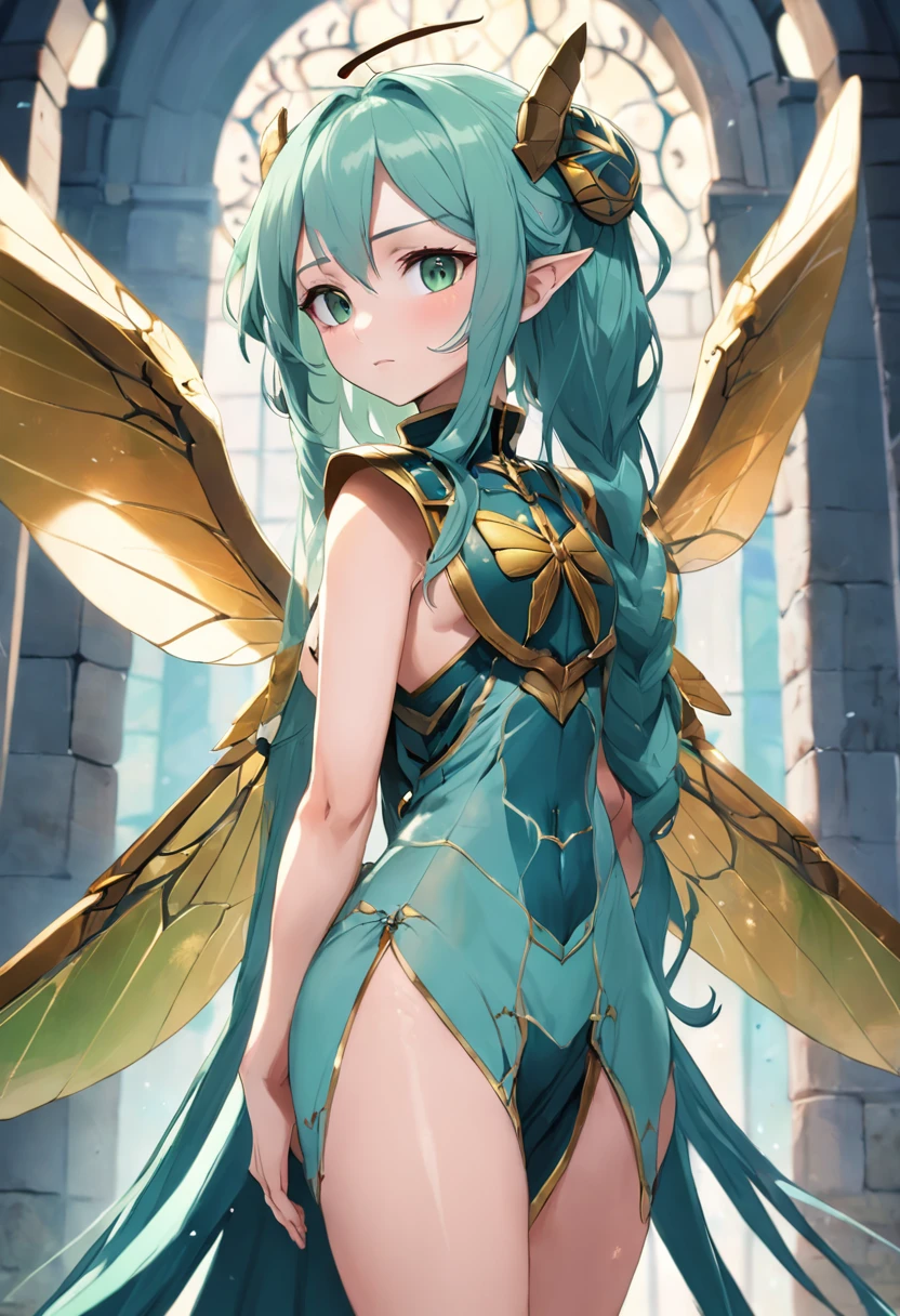 tmasterpiece, beste-Qualit, anatomically correct, Anime skin layer, (1 winged woman), (Aquamarine green hair), Dragonfly wings, (wings on the back), pointed ears, The long, funny, Medieval heroine