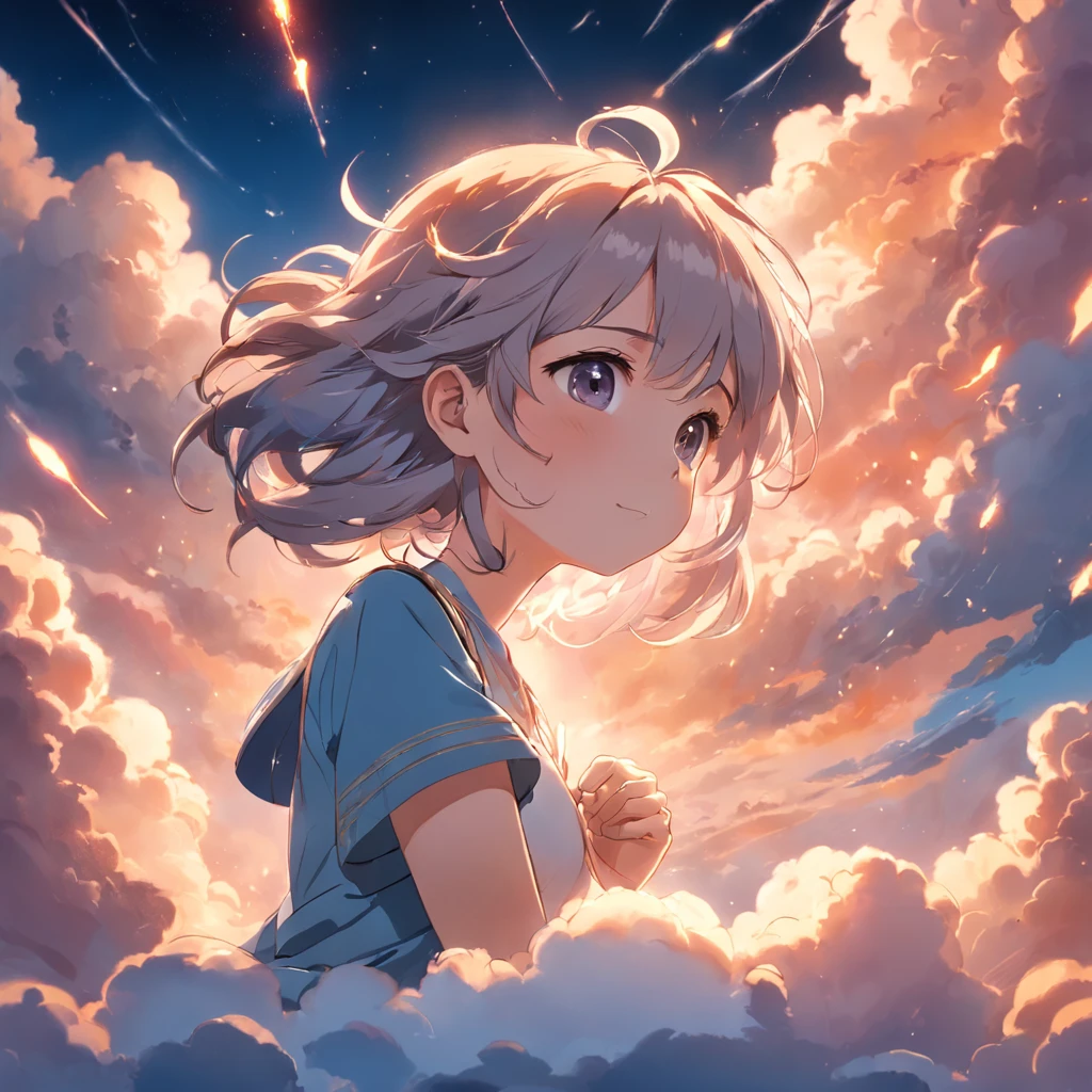 masterpiece, best quality, movie still, 1girl, cloud girl, floating in the sky, close-up, bright, happy, warm soft lighting, sunset, (sparks:0.7)