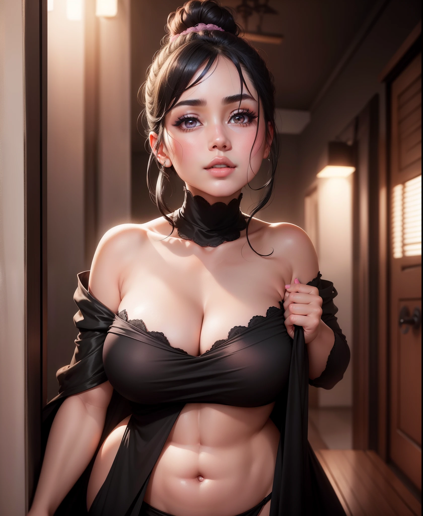 Sexy thick woman, black hair in a bun, plump face, seductive eyes, medium nose, perfect pink lips seductively parted, fairest skin, black long dress, stripping, exposing bare shoulders