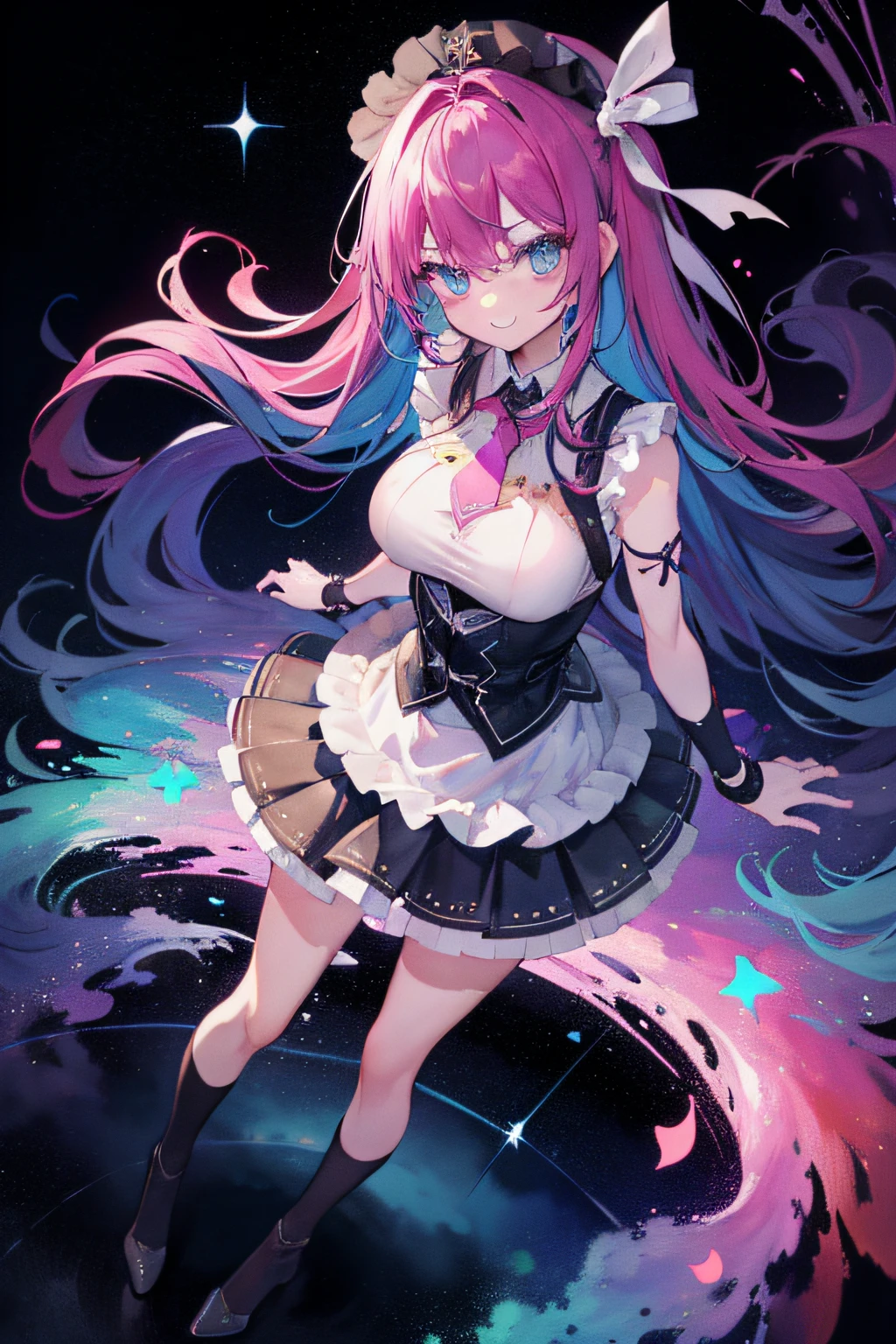 student clothes、The shirt、neck tie、tits out、Gothic lolita、a miniskirt、Ribbon decoration on the skirt、Sleeveless、arm guards、full body Esbian、Student Cap、deph of field,watercolor paiting(Curly)、Beautifully Aesthetic:1.2)、(1girl in:1.3)、(Fractal Art:1.3)、(rainbow-colored hair、colourful hair、Half blue and half pink hair:1.2)、looking at the viewers、patterns、colourfull、colorful backdrop、starrysky、shooting stars、a smile、Throat and face
