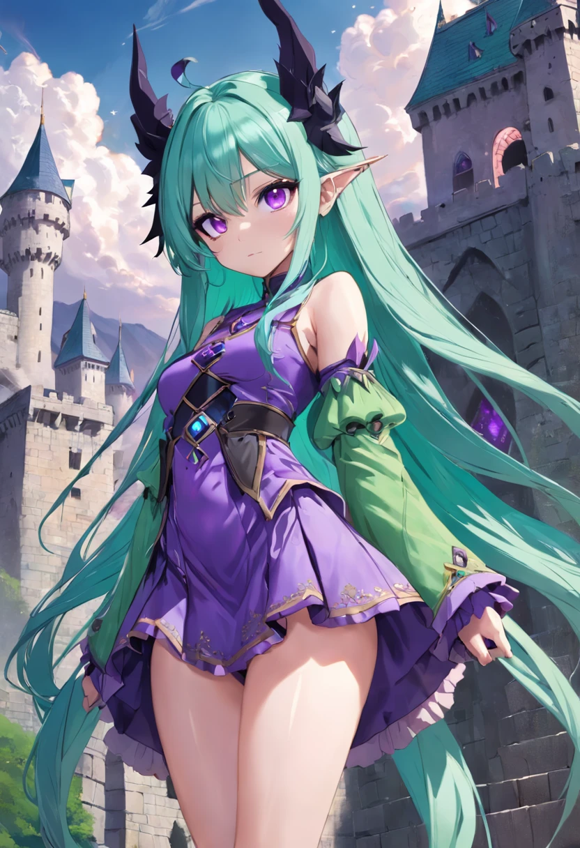 Purple eye，Long cyan hair，pointy-eared，magia，Castle fantasy，Green and purple clothes，Good-looking legs, Ultra photo realsisim, Castle，hair adornments