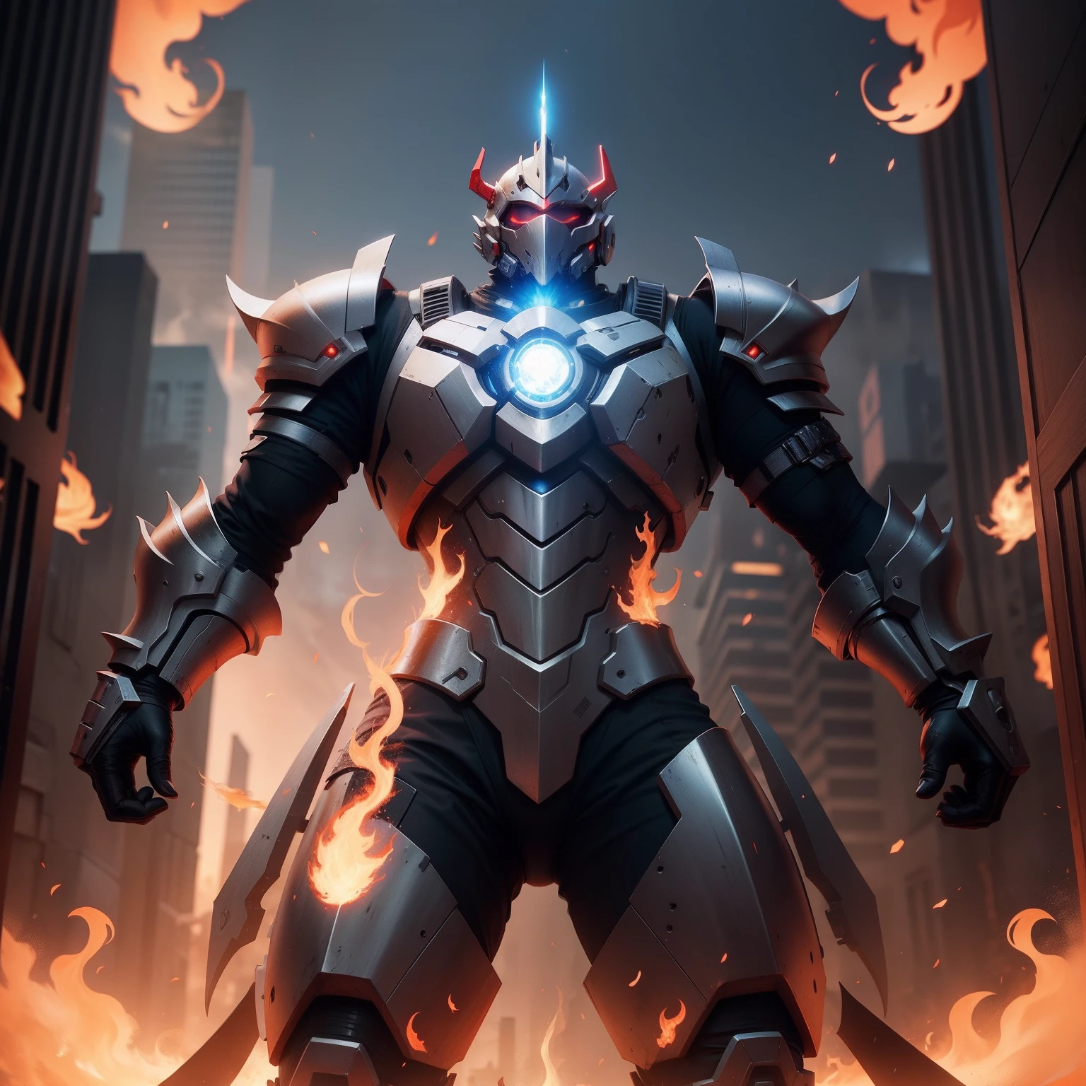 Bulky futuristic armor with flames red energy