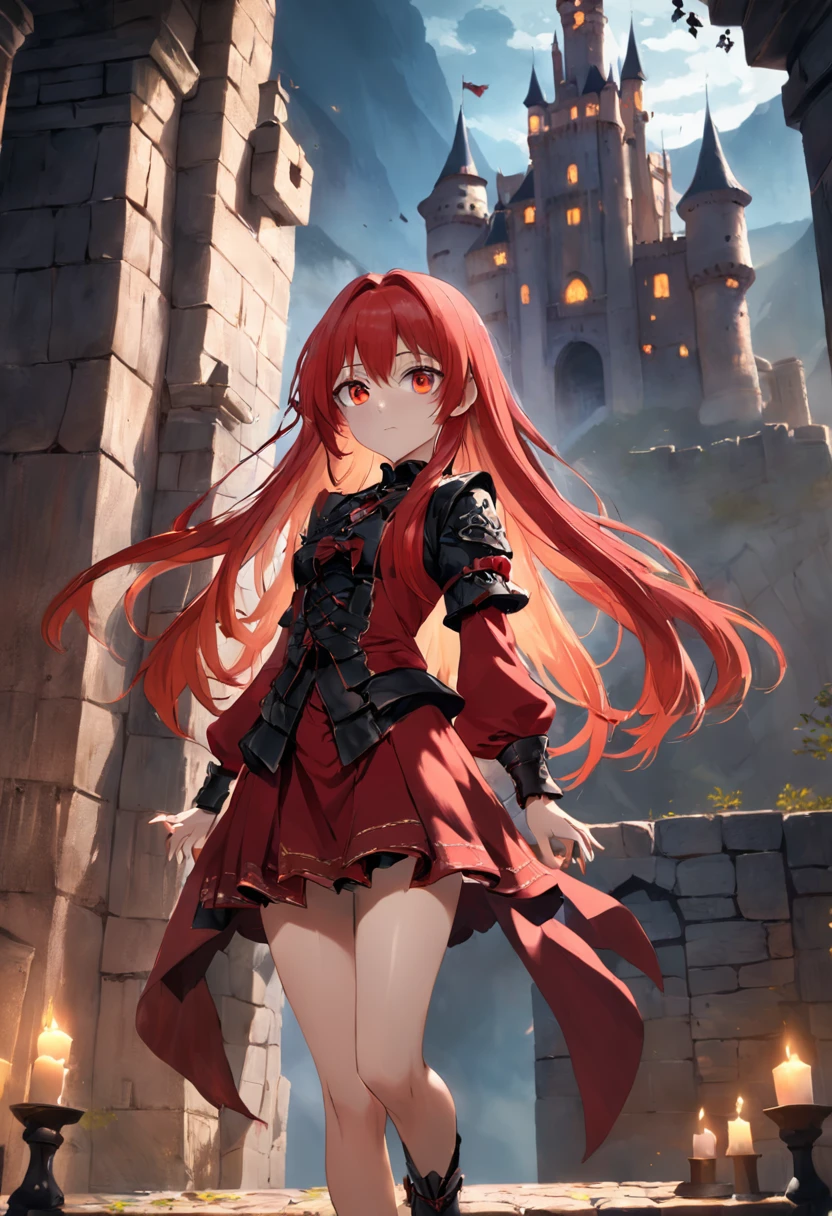 red color eyes，Red long-haired，Western fantasy，magia，Castle fantasy，Black and yellow clothes，beautifullegs，Ultra photo realsisim, Castle，hair adornments