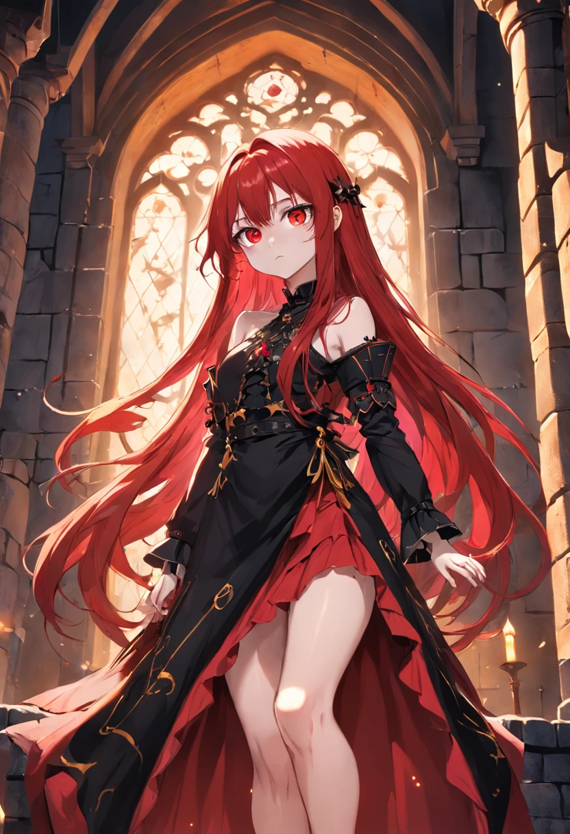 red color eyes,Red long-haired,Western,magia,Castle fantasy,yellow clothing,beautifullegs,Ultra photo realsisim, Castle,