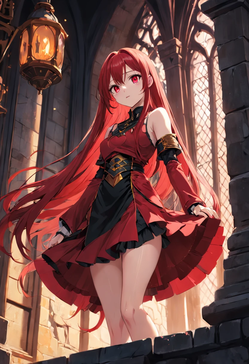red color eyes，Red long-haired，Western fantasy，magia，Castle fantasy，Black and yellow clothes，beautifullegs，Ultra photo realsisim, Castle，hair adornments
