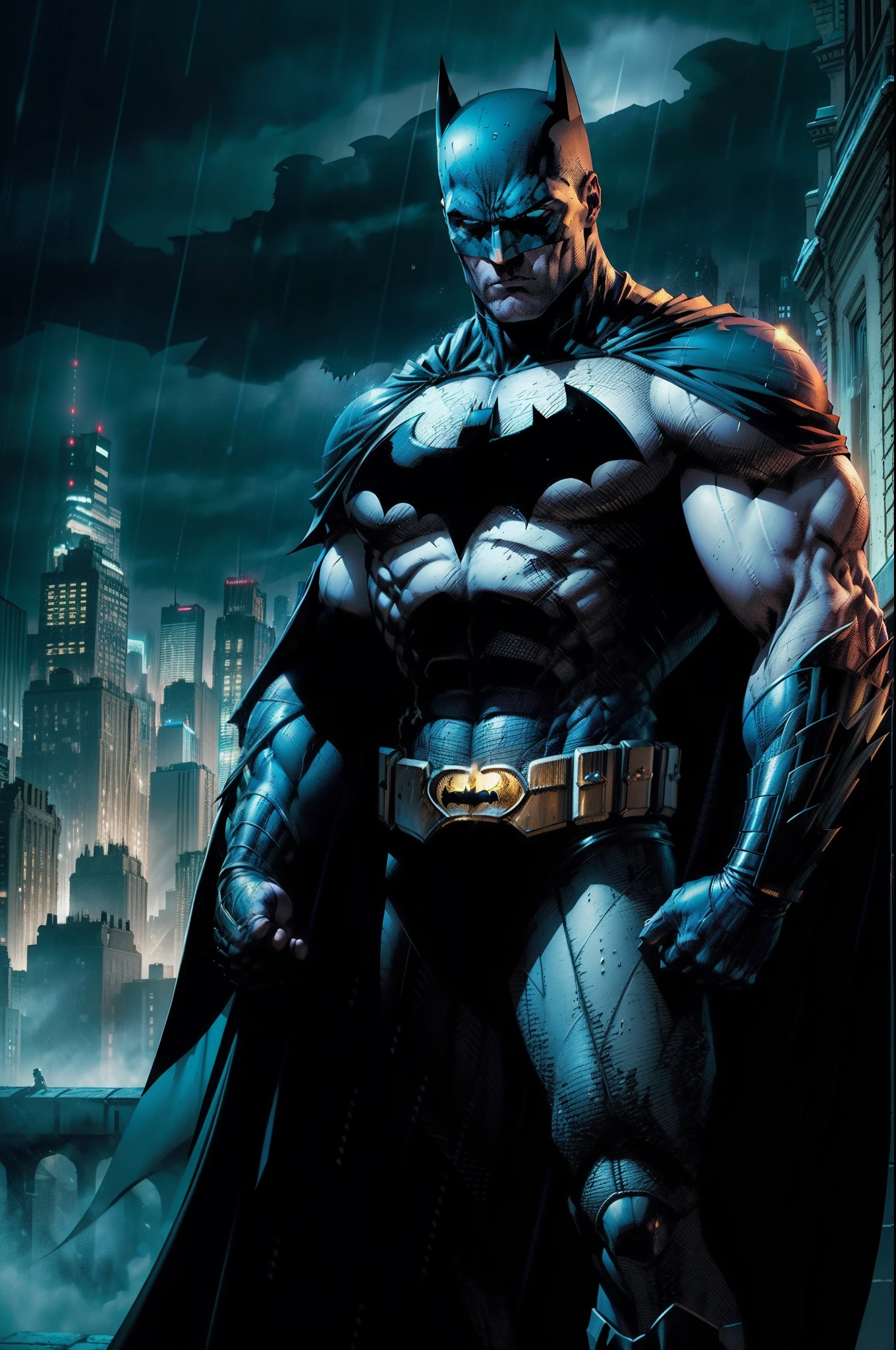 1boy, dark scene, cowboy shot of batman, athletic, white eyes, no pupils, night city, mist, particles, male focus, mask, muscular, muscular male, ragged and torn cape, night, outdoors, rain, serious, dark armosphere, detailed background, jim lee,
<lora:jim_lee_offset:1>