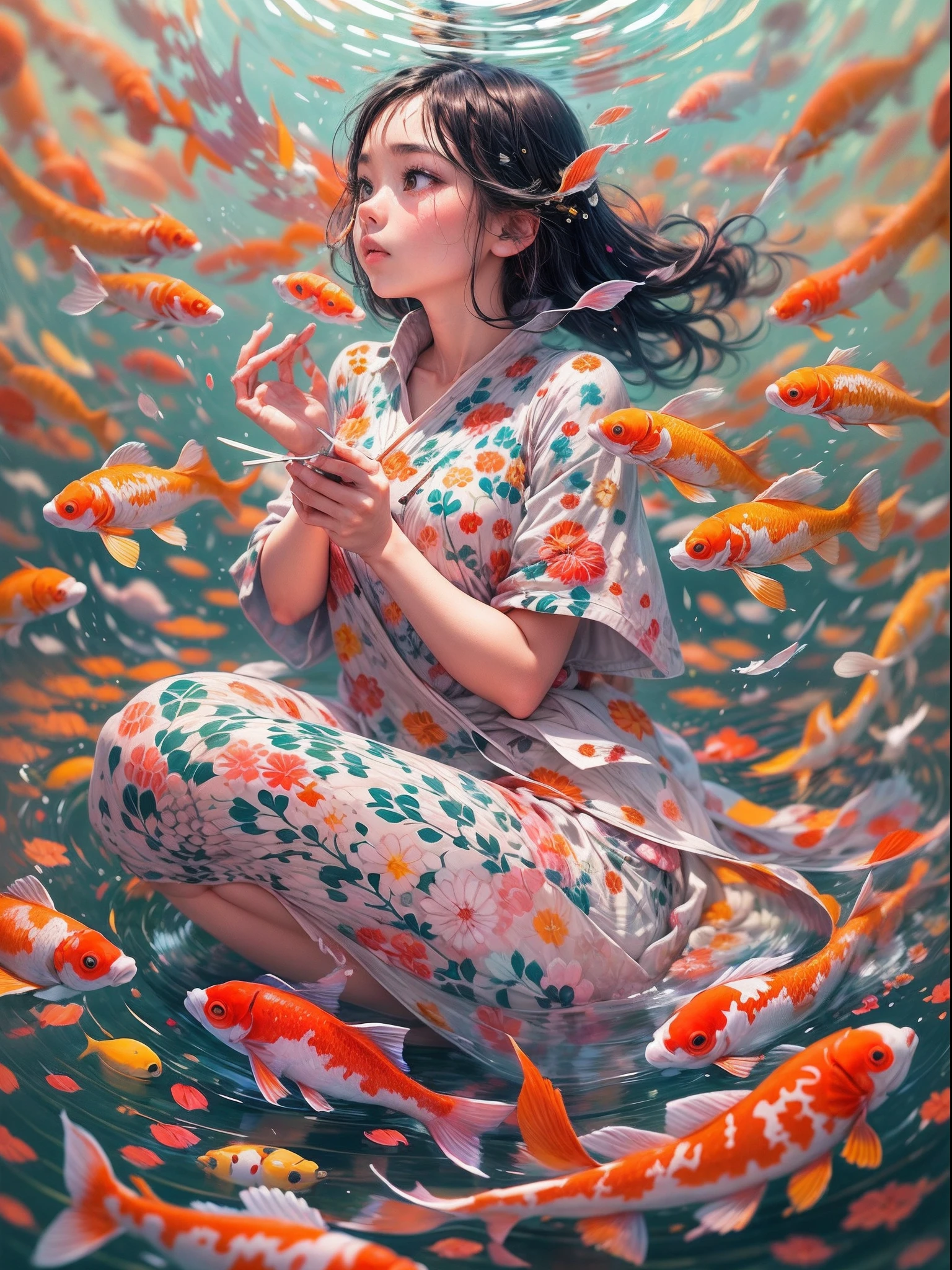 masterpiece, concept art, Picture a scene resonating with serenity and imagination. A young girl engrossed in a captivating novel, accompanied by a harmonious sky backdrop. Koi fishes dance gracefully around her, their vibrant colors popping against the serene sky. This exquisite artwork is a tribute to contemporary artist Yayoi Kusama, featuring intricate patterns and captivating play of color and light.