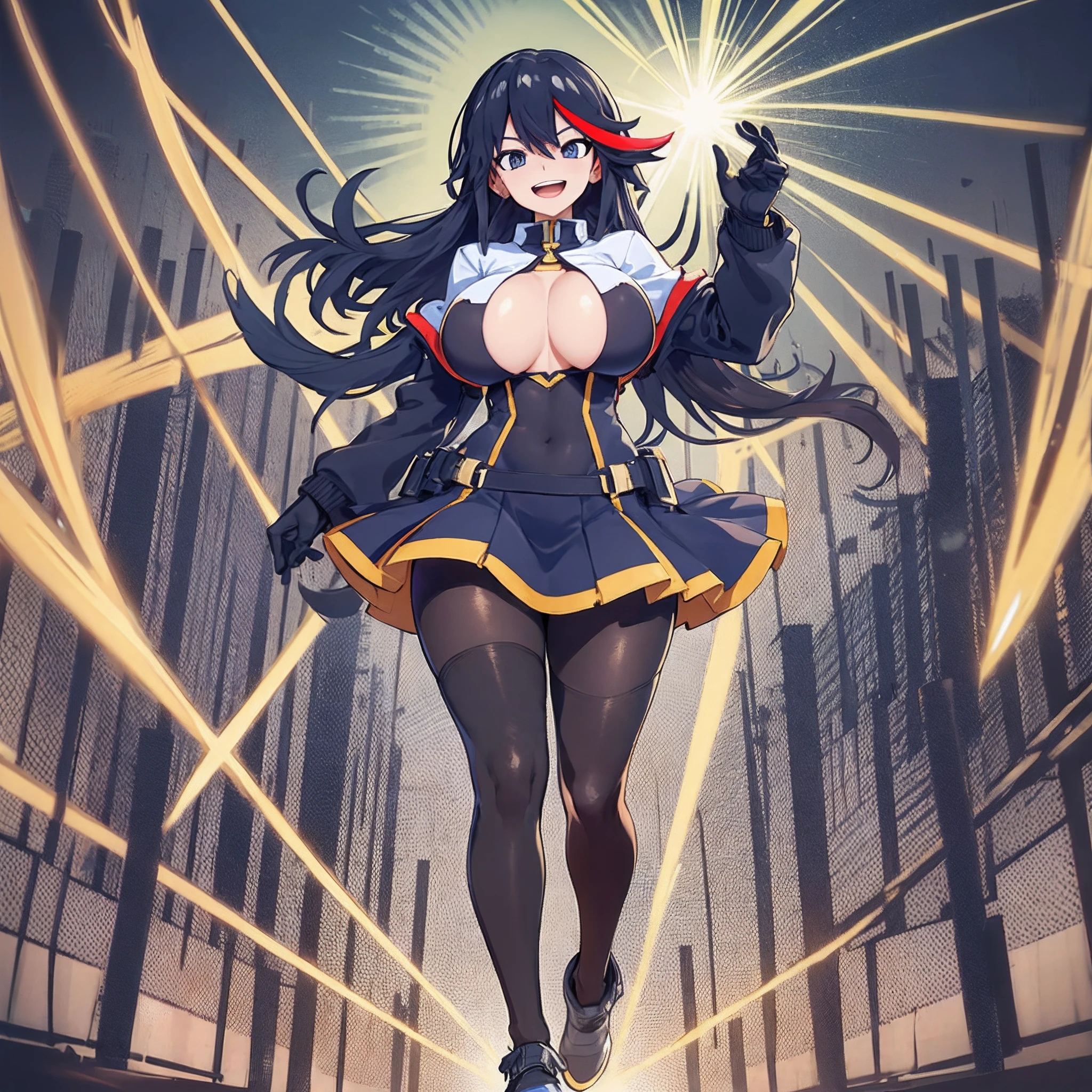 Anime, flying through the sky with black angel wings, golden leotard armor, In Battle, Chaos, shooting laser beams from hands, masterpiece ,pantyhose, boots,magicagirl body suit, large skirt, smile, long skirt,standing,smile forest,matoi ryuuko, pants, vest, pullover, coat, full body, huge breast, smug, tomboy, open mouth, walking
