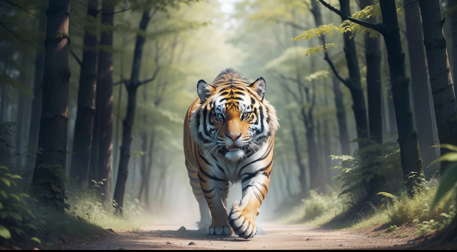 monster tiger walking forward in a forest