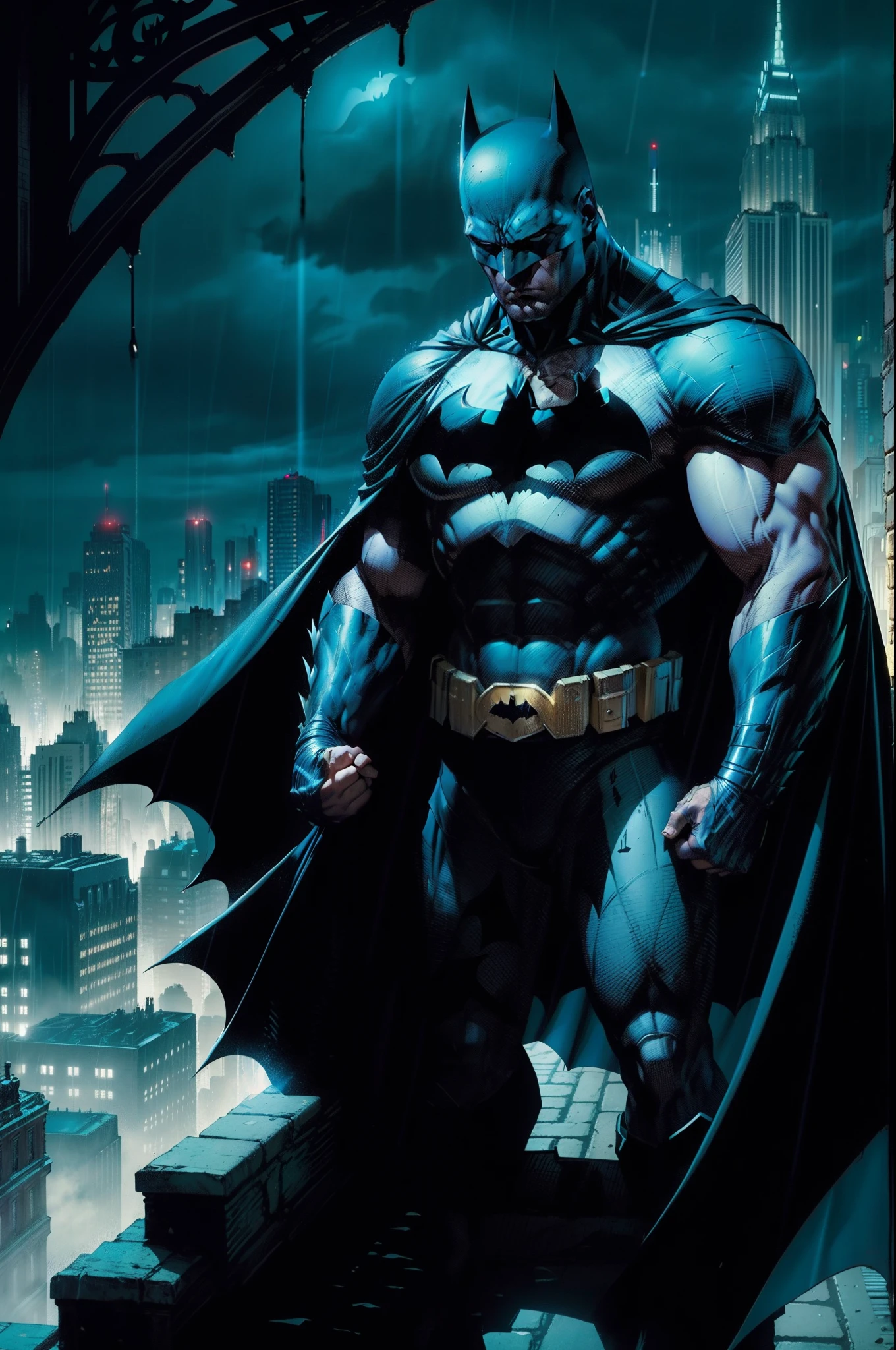 Certainly, here's the prompt translated into English:
"Vividly describe the moment when Batman confronts his deepest fears and the complex of his parents' death. He stands on a rainy night, on the edge of a cliff, gazing at Gotham City in the distance. Rain trickles down his face, mixing with the tears he struggles to contain. His tense body reflects the physical and mental effort he faces to overcome the pain that has haunted him since childhood. The gothic backdrop of the city lit by neon creates a dark and immersive atmosphere as he wrestles with the ghosts of his past. His dark cape billows in the wind, symbolizing his determination to protect Gotham despite his own fears. The artificial intelligence should capture this emotional and visual intensity to create a striking image in the style of DC Comics."