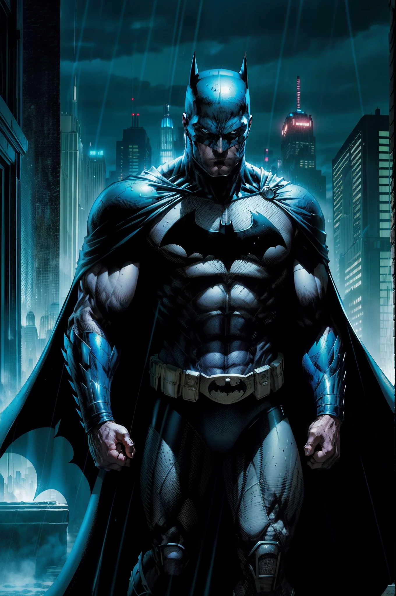 Certainly, here's the prompt translated into English:

"Vividly describe the moment when Batman confronts his deepest fears and the complex of his parents' death. He stands on a rainy night, on the edge of a cliff, gazing at Gotham City in the distance. Rain trickles down his face, mixing with the tears he struggles to contain. His tense body reflects the physical and mental effort he faces to overcome the pain that has haunted him since childhood. The gothic backdrop of the city lit by neon creates a dark and immersive atmosphere as he wrestles with the ghosts of his past. His dark cape billows in the wind, symbolizing his determination to protect Gotham despite his own fears. The artificial intelligence should capture this emotional and visual intensity to create a striking image in the style of DC Comics."