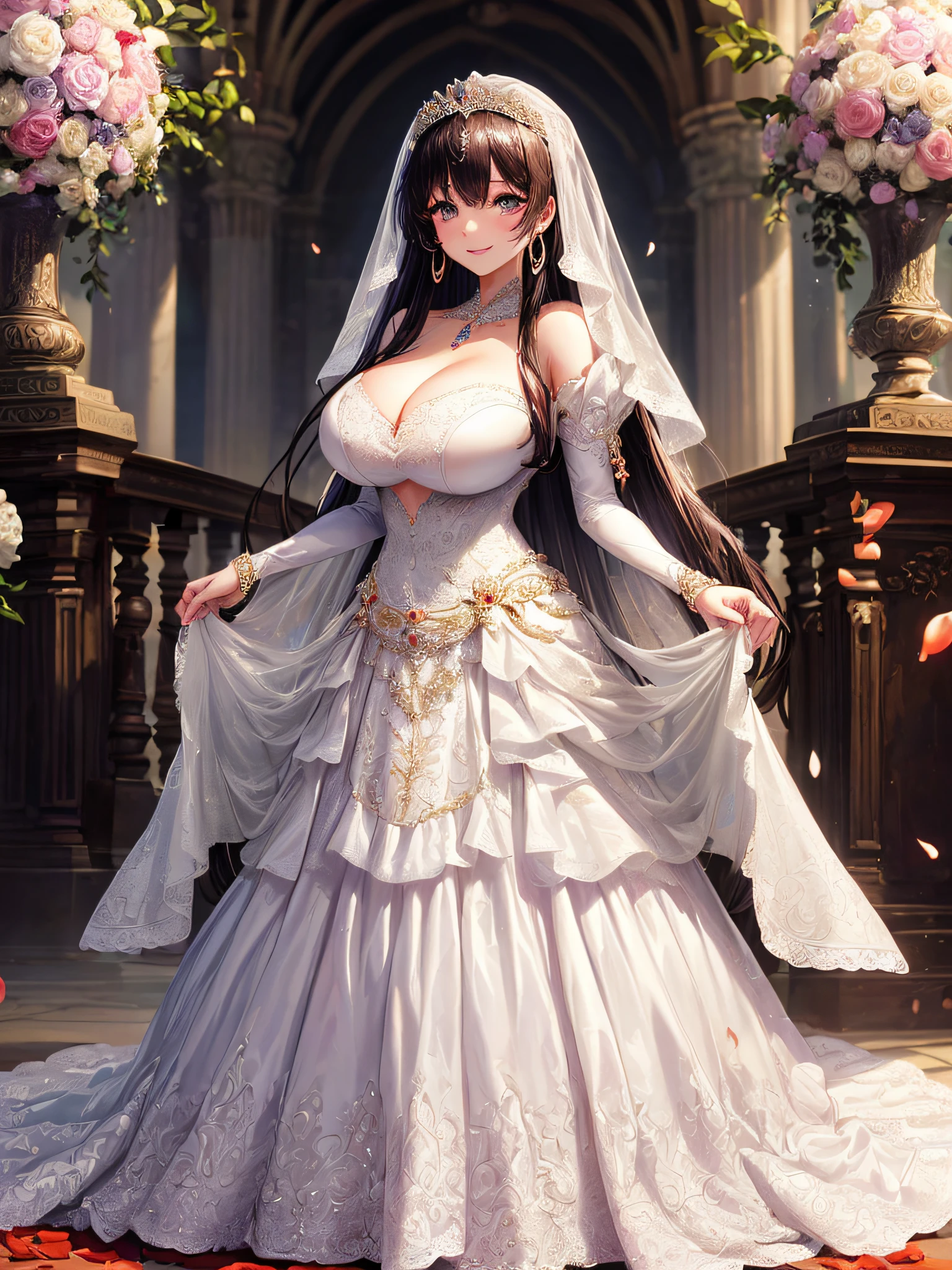 (masterpiece, best quality:1.2),1girl, (solo), cute, kawaii,digital art,((1 princess wearing beautiful embroidery and jeweled gorgeous wedding dress with voluminous full length hoop skirt)),crinoline,((voluminous frills)),gorgeous embroidery and beautiful lace,(very gigantic boobs,cleavage,skindentation),((shiny hair,Bangs between eyes,voluminous straight hair,extremely Long straight Hair)),(finely detailed face and eye),smile,extremely gorgeousfull jeweled tiara,((bling-bling gorgeous gemstone jewelry)),long wedding veil,((standing in beautiful garden)),flowers,flower petals flowing,((beautiful embroidery and jeweled gorgeous wedding dress with voluminous full length hoop skirt))
