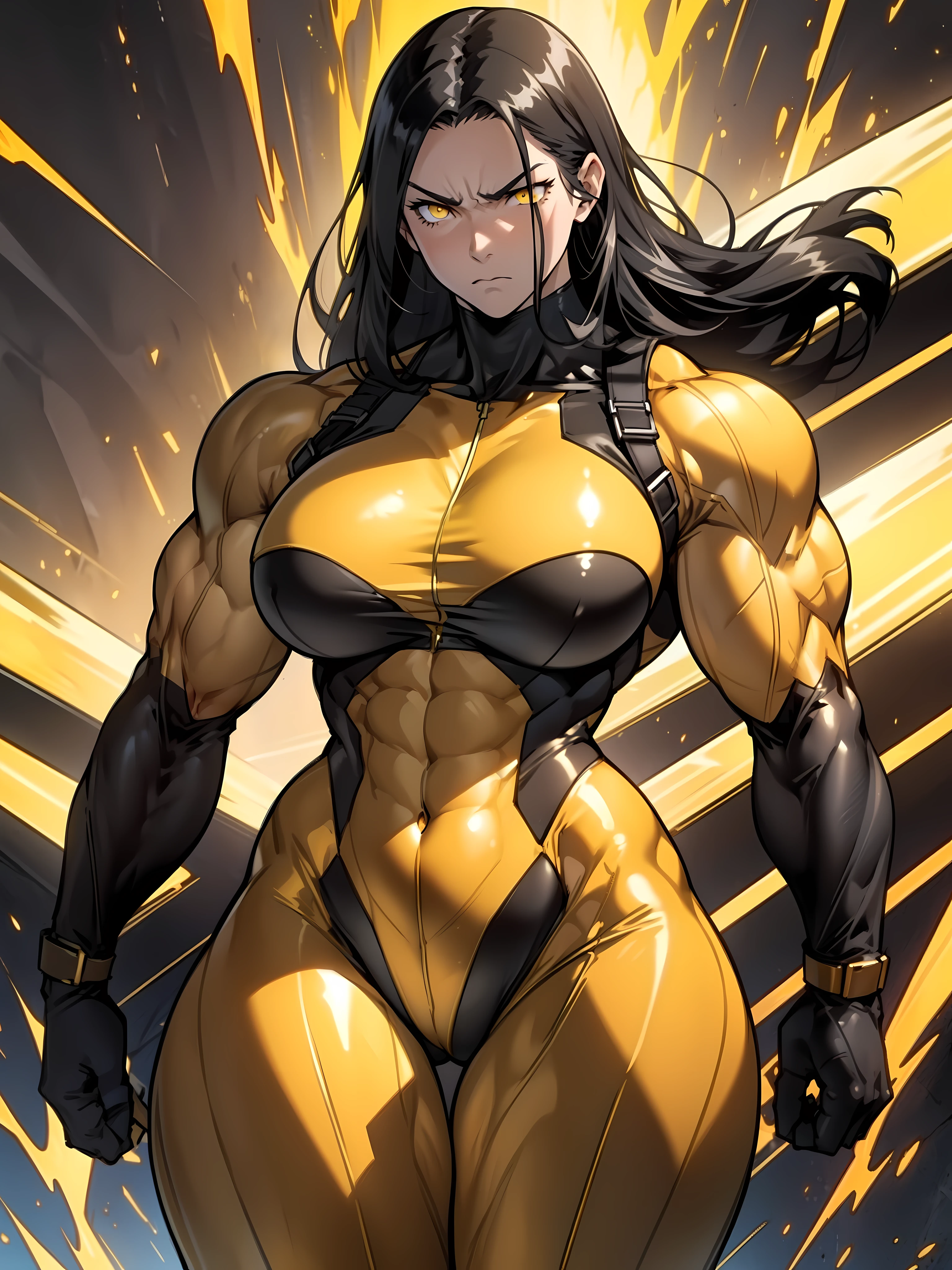 ((1 girl)), solo, black hair, extremely long hair, yellow eyes, (angry), pale skin, (((((((muscular))))))), ((thick thighs)), ((huge breasts)), (((black and golden body suit))), (((wide hips))), (shiny skin), close up, dark atmosphere, shadow