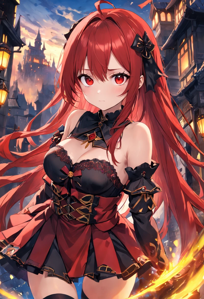 red color eyes,Red hair bundles,Western fantasy,magia,Castle fantasy,black and yellow clothes,black lence stockings,Ultra photo realsisim, Castle,hair adornments
