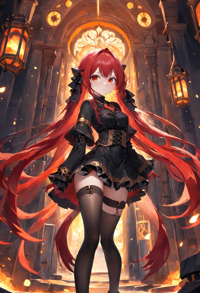 red color eyes,Red hair bundles,Western fantasy,magia,Castle fantasy,black and yellow clothes,black lence stockings,Ultra photo realsisim, Castle,hair adornments