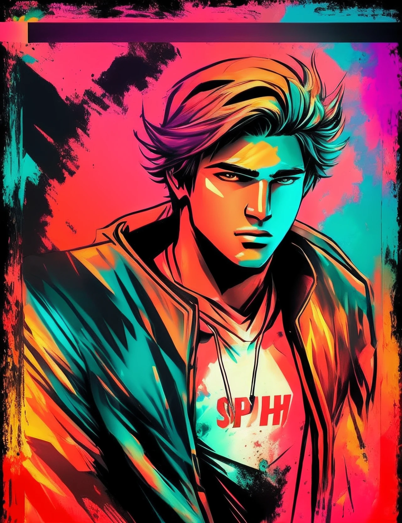 um jovem masculino, colorido de splash brush, com cores espalhados, cores vivas, speed art, 8k, UHD. --auto --s2