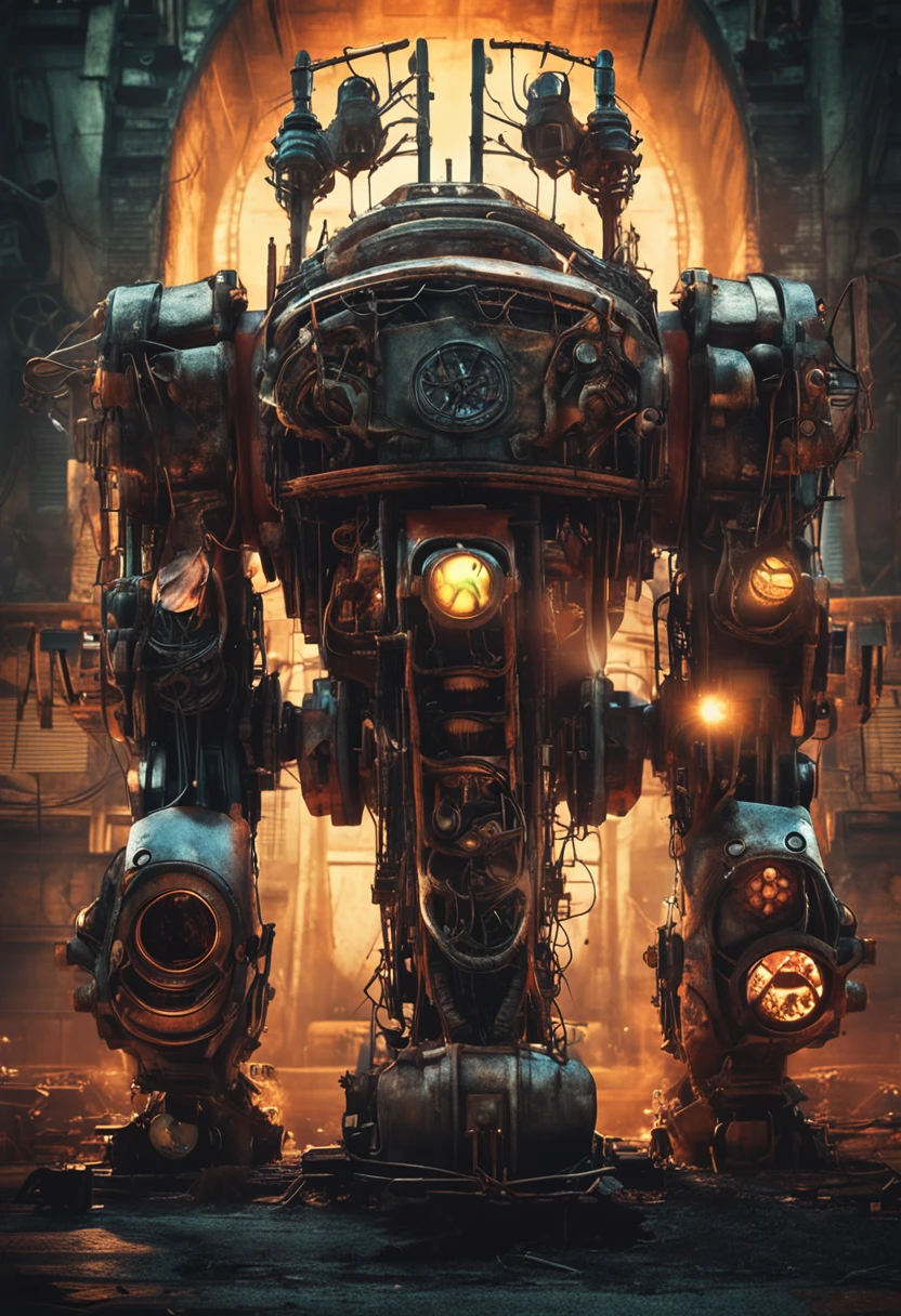 Machine of evil, gigantic, metal, steam punk, glowing eyes, ((frightening)), dark