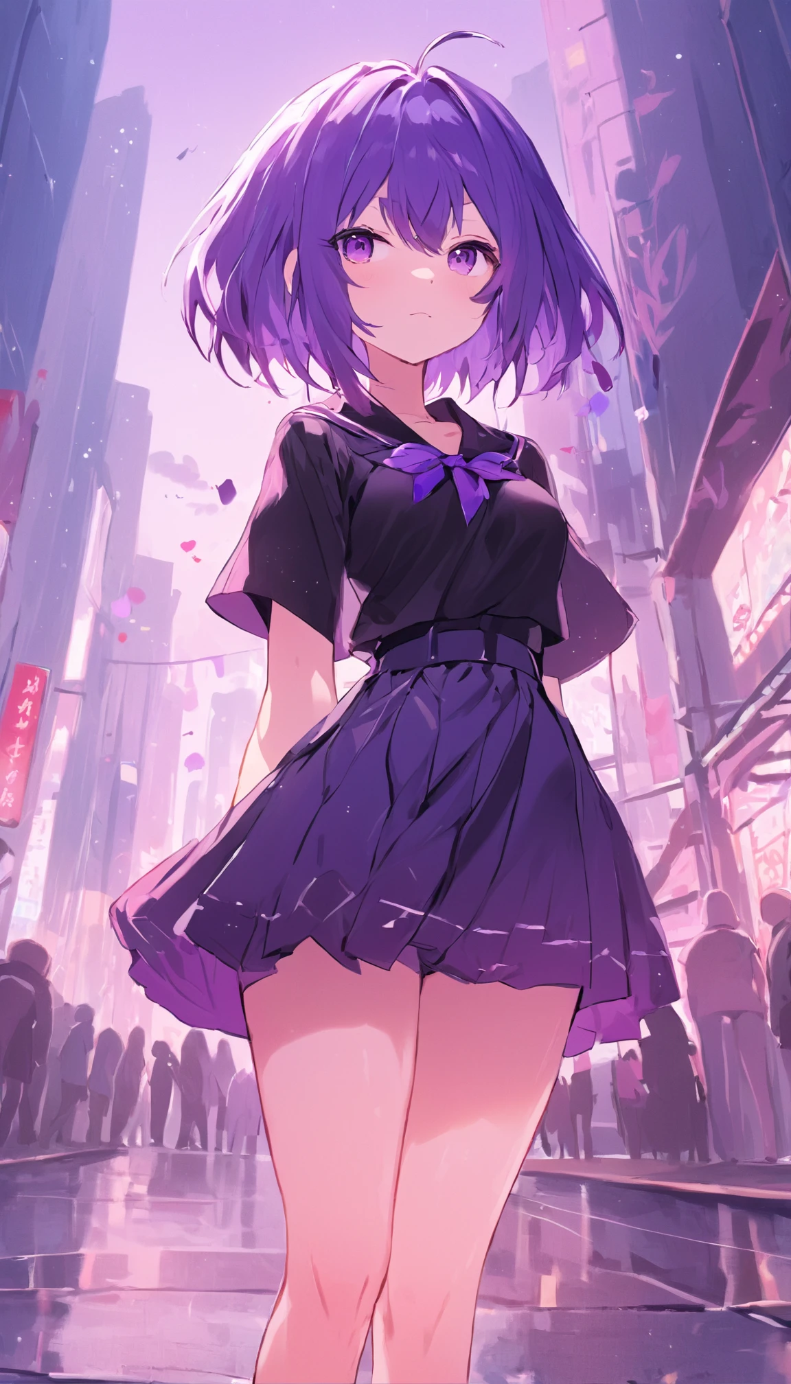 purple hair、purple hair、tsundere、thights, thights, thights, thights、Anime girl in short skirt and black shirt standing in the city, anime moe art style, anime style 4 k, seductive anime girl, cute anime waifu in a nice dress, anime girl in black dress, Hanayamata, badass anime 8 k, zerochan art, Anime Art Wallpapers 8K, (anime girl)