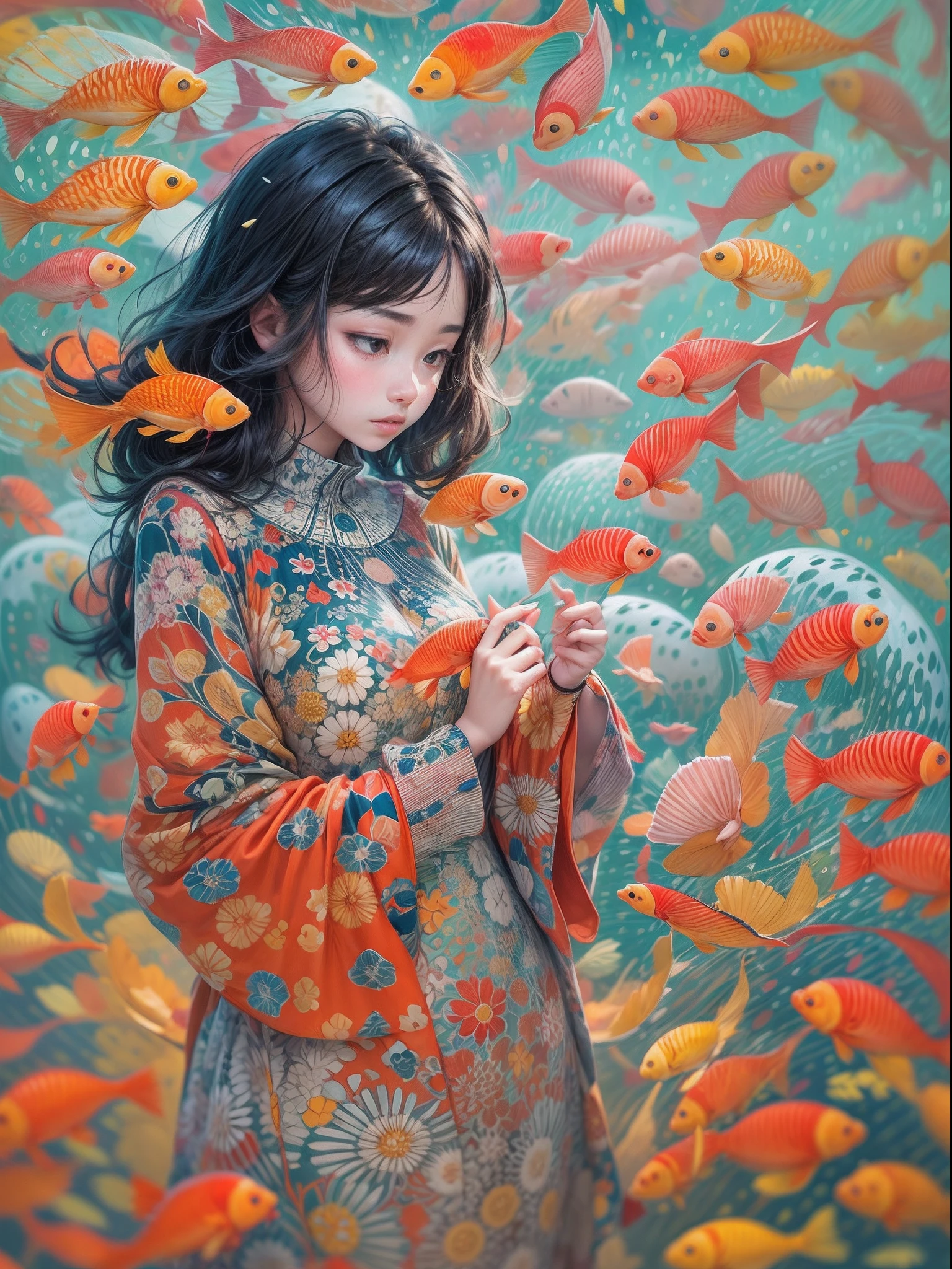 masterpiece, concept art, Picture a scene resonating with serenity and imagination. A young girl engrossed in a captivating novel, accompanied by a harmonious sky backdrop. Koi fishes dance gracefully around her, their vibrant colors popping against the serene sky. This exquisite artwork is a tribute to contemporary artist Yayoi Kusama, featuring intricate patterns and captivating play of color and light.