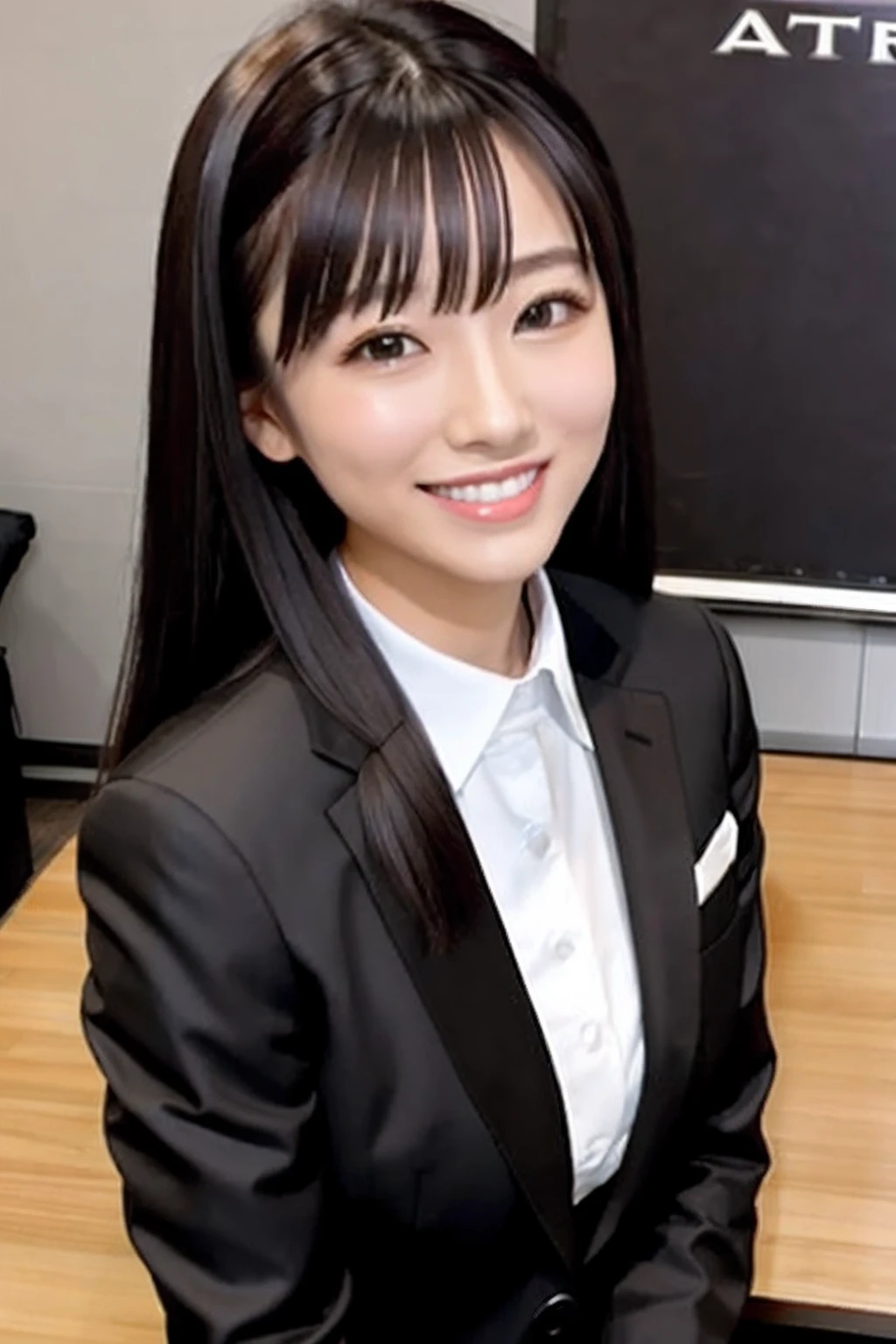 a smile、cute little、straight、Longhaire、black suits、s Office、Women's Suits