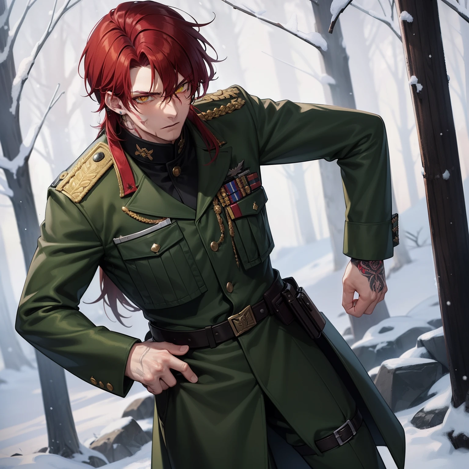 Man, dark red hair, yellow eyes, tall, military, green military uniform, scars, tattoos, bulletproof vest, Military uniform, green military uniform, snow, forest