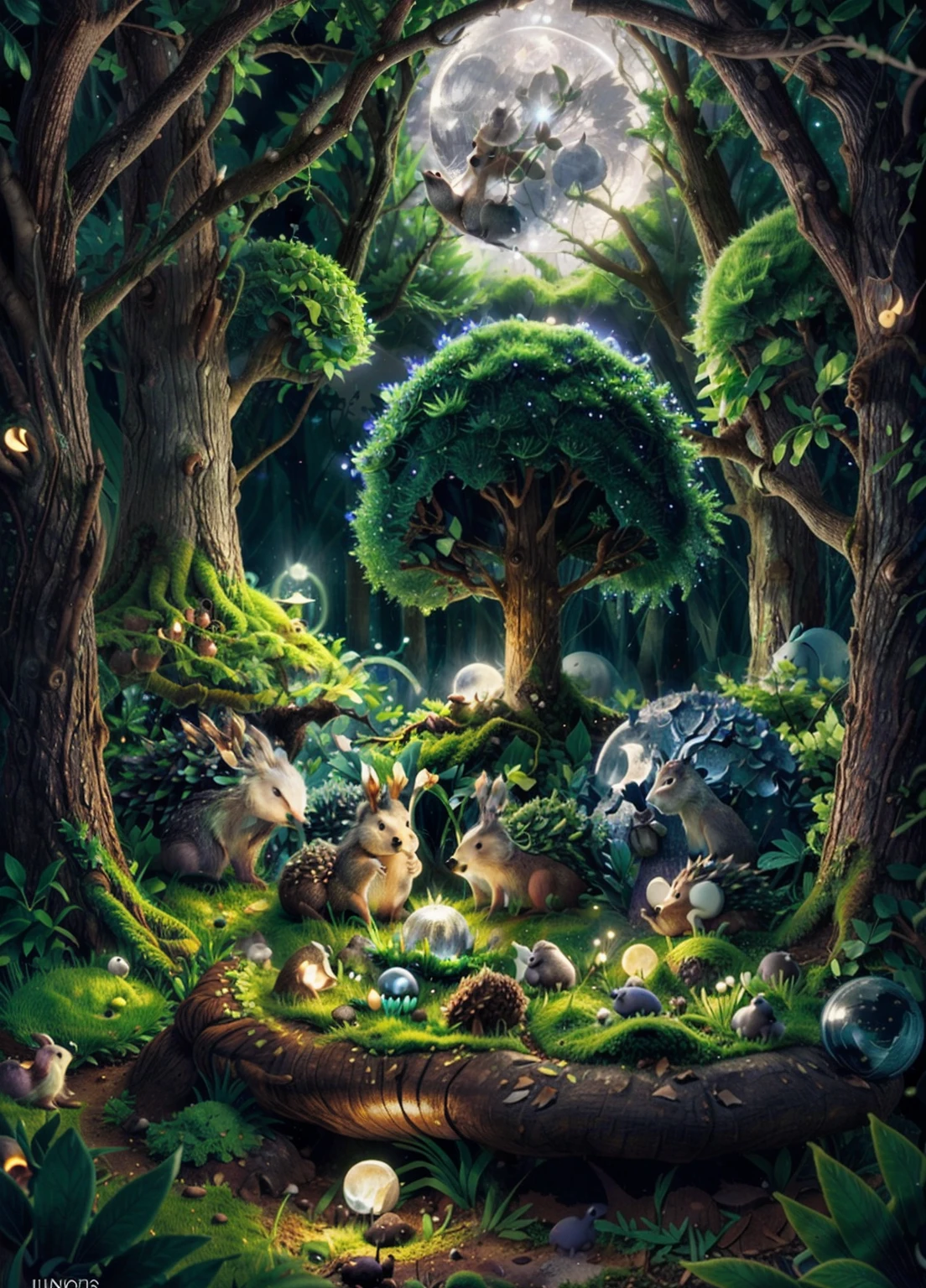 (enchanting woodland:1.2),(moonlight illuminates the serene scene:1.3),(bunnies:1.1 AND hedgehogs:1.1),(gather to witness its rise:1.2)
