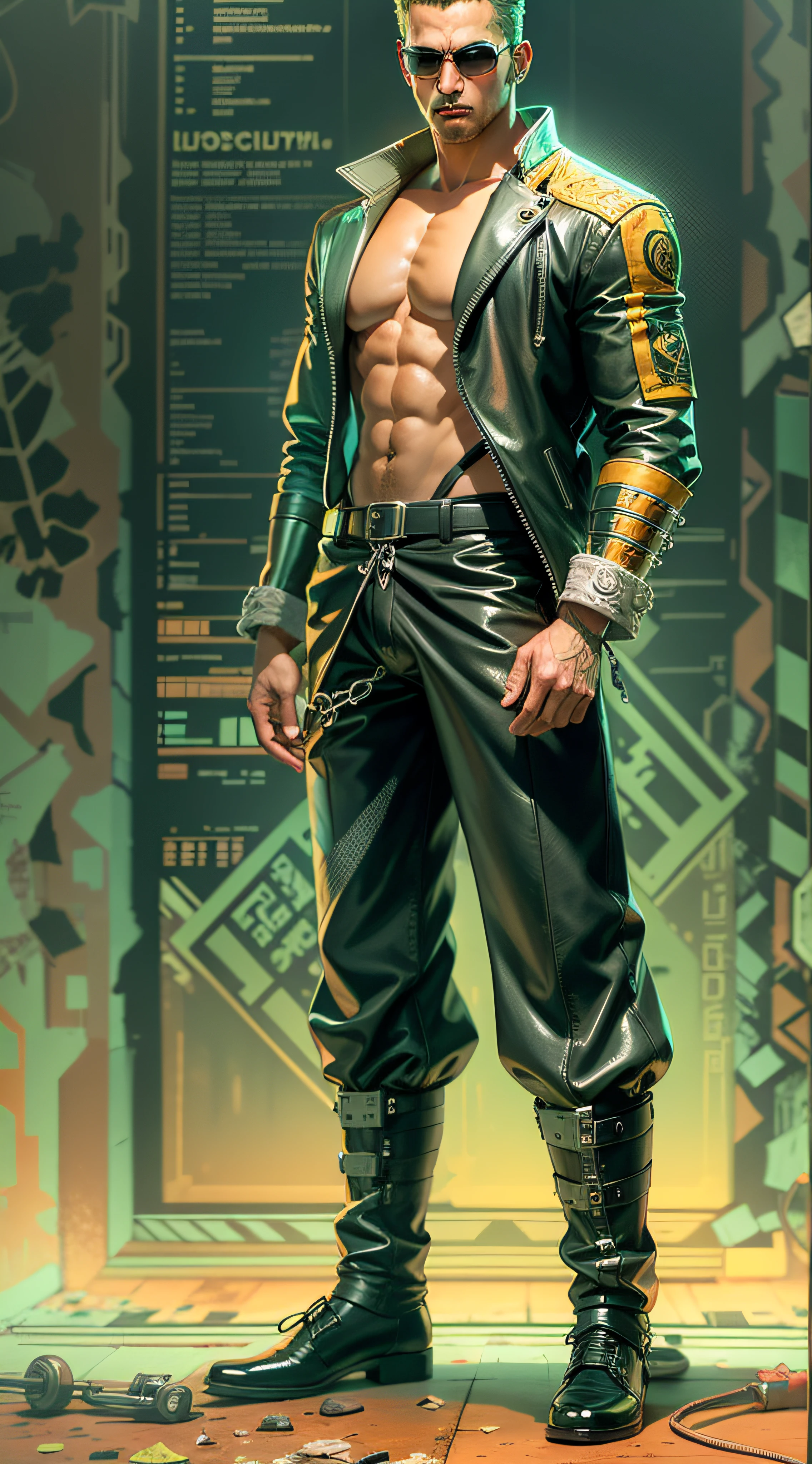 Zoro is depicted in the center of the composition, wearing the iconic black leather suit from the trilogy "Matrix". Your body is in a confident pose, with his right hand in his coat pocket. He keeps his expression serious and determined, while sunglasses reflect ambient light.

A paleta de cores continua a ser dominada por tons de preto e verde, corresponding to the characteristic costume of The Matrix and the style of Zoro. Subtle touches of silver are used to enhance the details of the costume.

The texture of the painting is meticulous, highlighting the details of Zoro's leather suit and sunglasses. Each element is carefully crafted to convey the unique fusion between the two universes. .((full body):1.5). 16k, UHD, best possible quality, ultra detailed, best possible resolution, Unreal Engine 5, professional photography, well-detailed fingers, well-detailed hand, perfect_hands