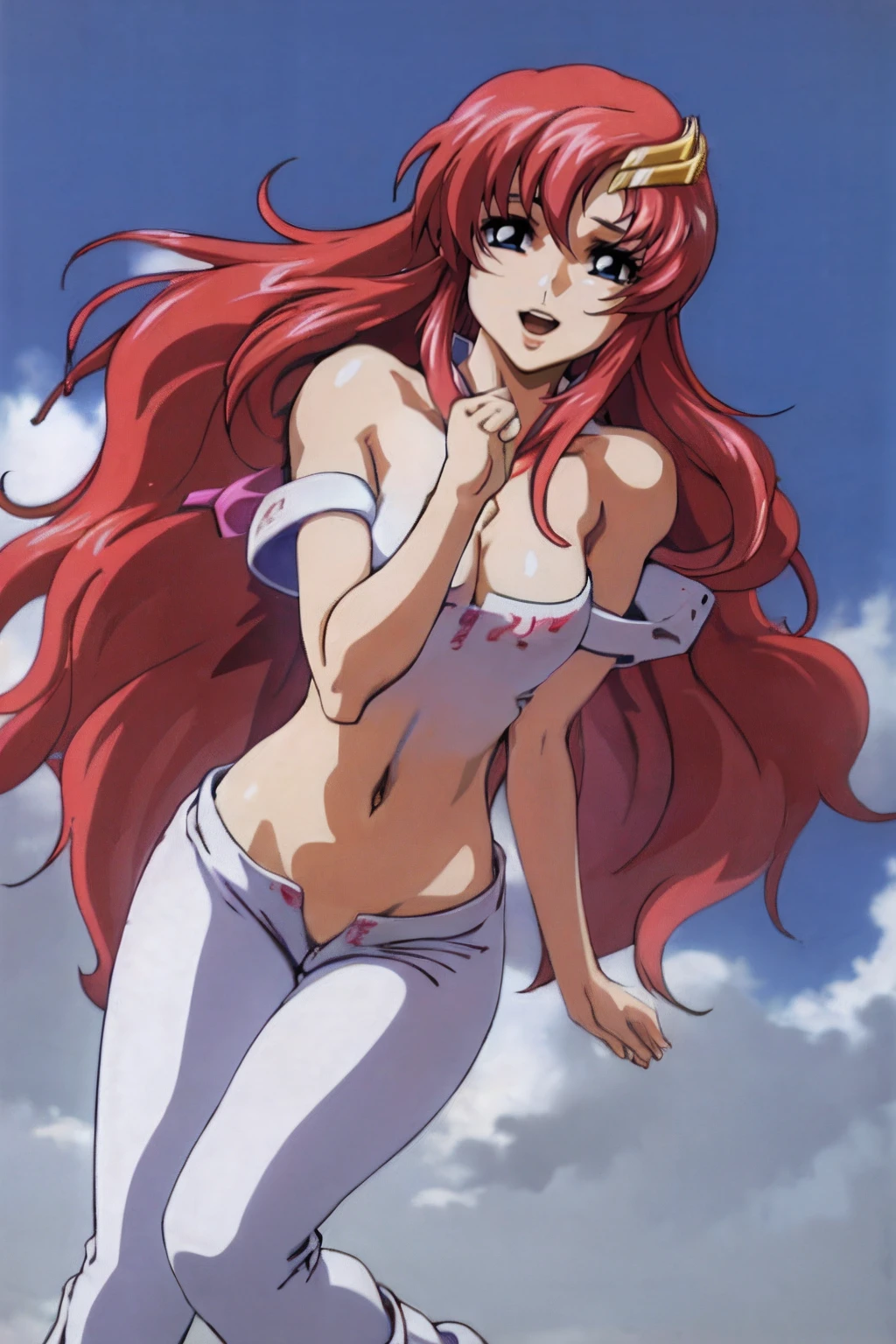 (masterpiece, 4K, Best Quality, Anime style: 1.9, bold drawing lines, High color saturation, Detailed face, tall, Adult Woman, lovely, (cloud background), Drawing lines, high resolution, Anime, lacus4), 1girl in, Solo, curvy figure, Long hair, 鎖骨, scapular, Wavy Hair, Detailed wide hair bangs, Hair Ornament, Detailed reddish-pink hair, cleavage, large hands, (Big blue eyes, shiny eyes), Smile, closed mouth, Very happy, ((closed fists)), (laughing, open mouth), ((medium breasts)), (((white cut shirt, jeans bottom))), (pink wrestling long boots), strong arms, biceps, rib lines, ((lean forward)), standing, (hands on hips), happy, bare shoulders, (exposed navel, shiny skin, bare hips)