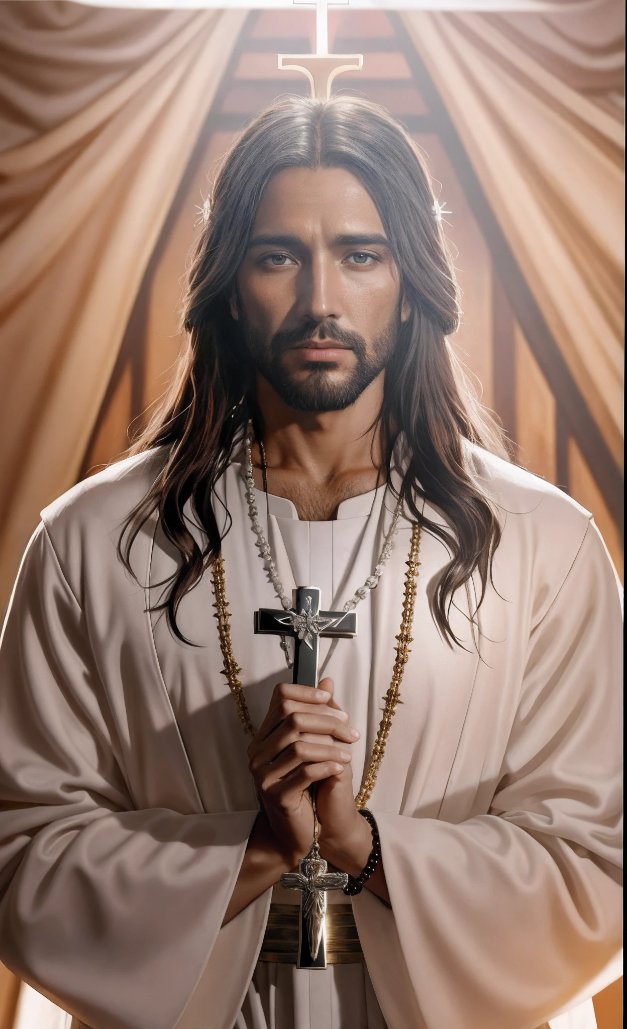 Close-up of a man holding a cross and a rosary, Jesus Christ, Portrait of Jesus Christ, dressed like jesus christ, 《Mass effect》in Jesus Christ, king of kings, Jesus of Nazareth, Jesus Christ blunt instrument, Cyberpunk Jesus Christ, Jesus wasted at the meeting, jesus face, author：Roman Bezpalkiv, the lord and savior, Jesus