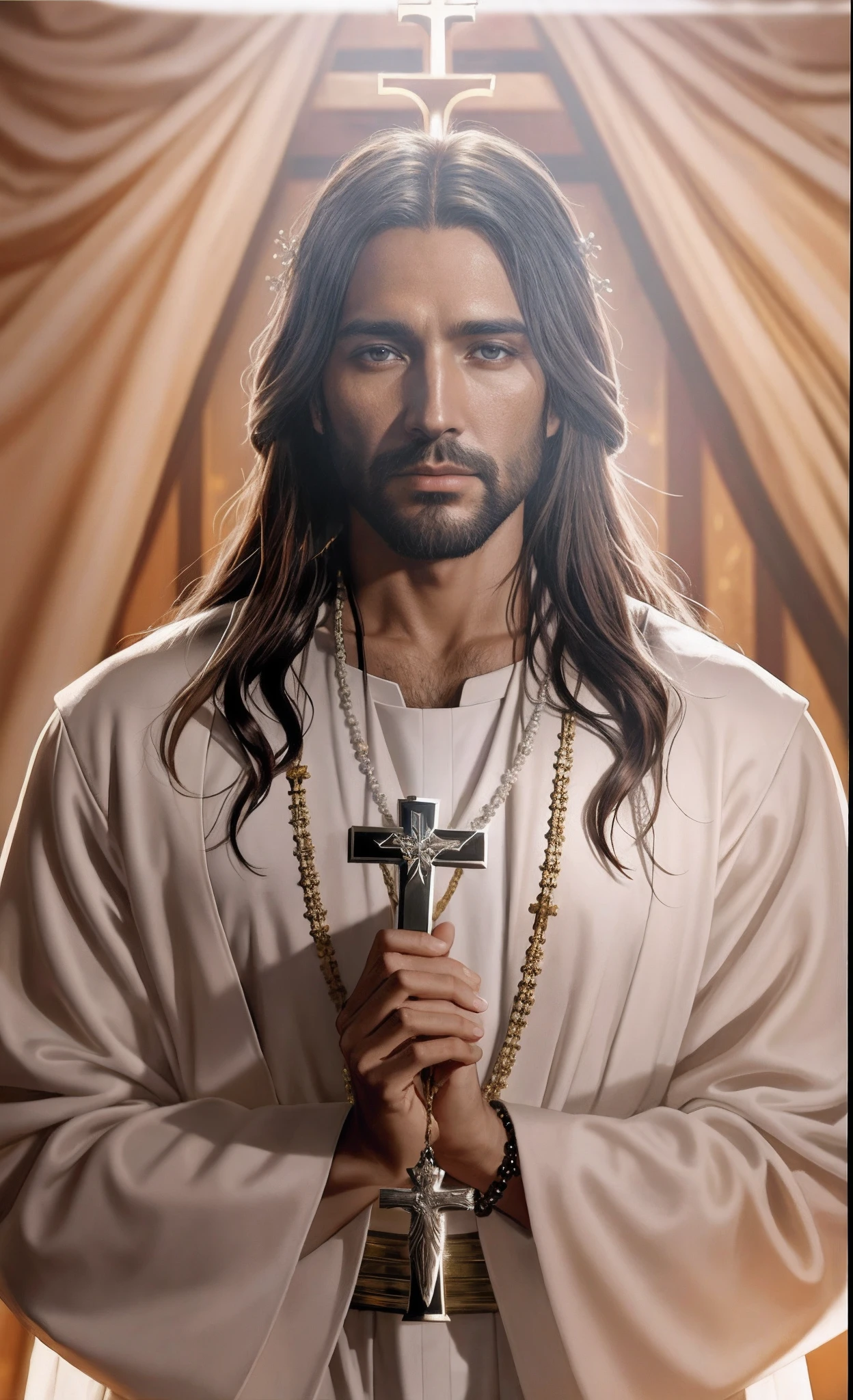 Close-up of a man holding a cross and a rosary, Jesus Christ, Portrait of Jesus Christ, dressed like jesus christ, 《Mass effect》in Jesus Christ, king of kings, Jesus of Nazareth, Jesus Christ blunt instrument, Cyberpunk Jesus Christ, Jesus wasted at the meeting, jesus face, author：Roman Bezpalkiv, the lord and savior, Jesus