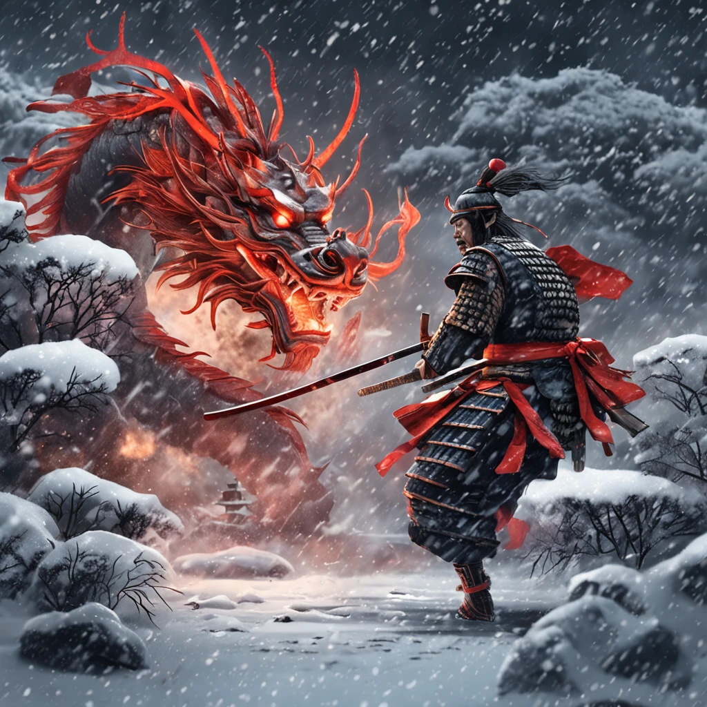 samurai fighting a mythical dragon on a snowy night in japan