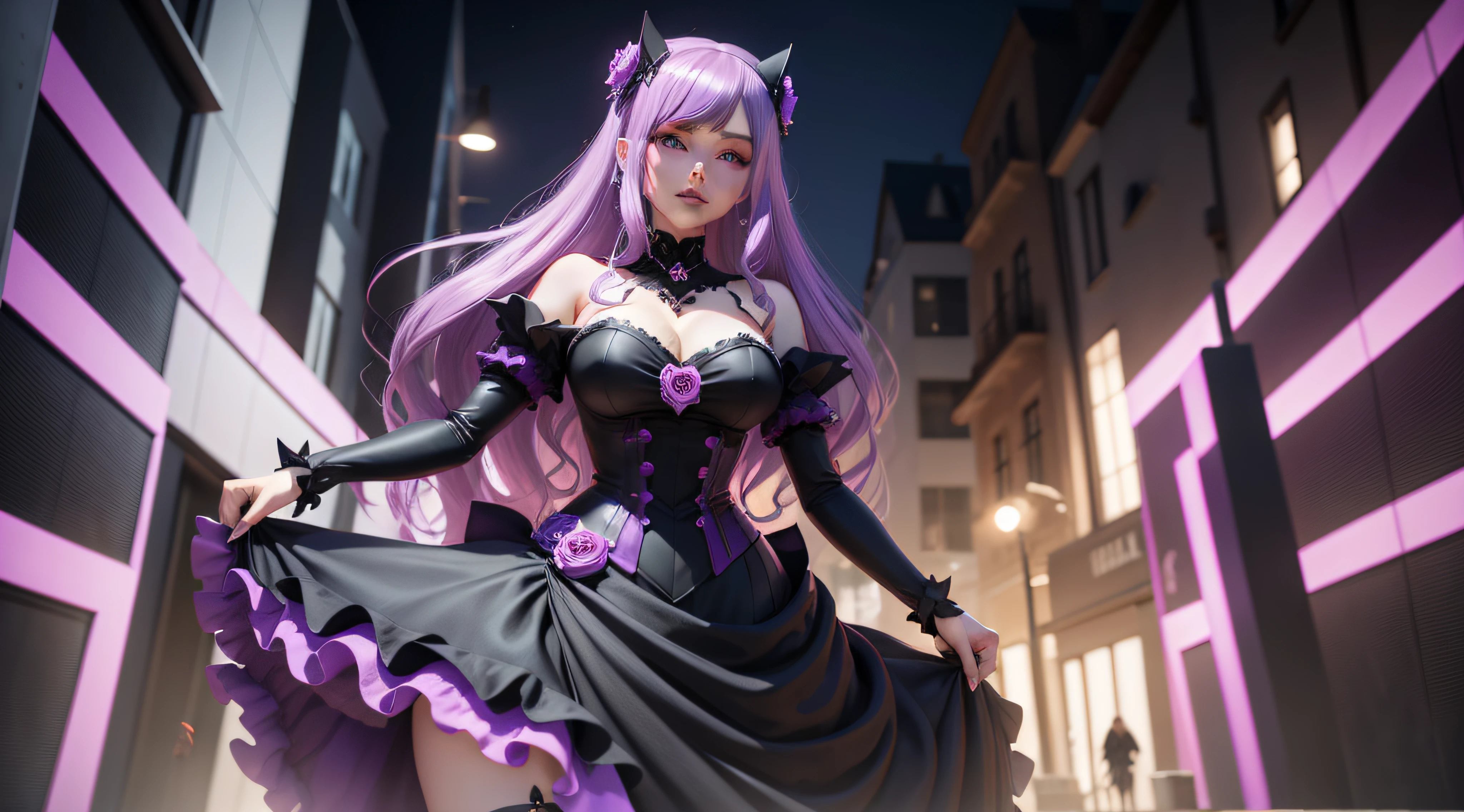 a cartoon image of a woman with purple hair and a black dress, anime styled 3d, render of mirabel madrigal, stylized anime, gothic maiden anime girl, shalltear from overlord, render of a cute 3d anime girl, anime vtuber full body model, loli in dress, anime stylized, highly detailed charact