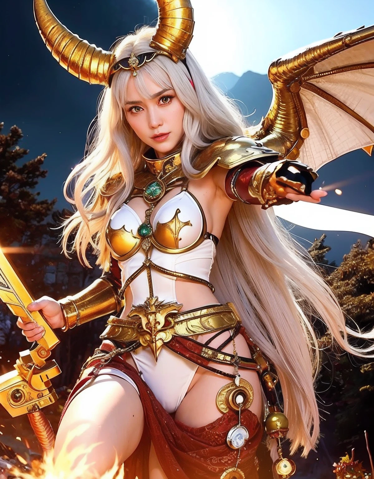 Professional , ​masterpiece、top-quality、photos realistic , depth of fields 、（White bikini armor)、（）、Jewel Gold Weapon、Particles of light),Gorgeous gold weapons ,（（ Gorgeous Dragon Sword）） , （Hold the Devil's Hand）,,（maikurobikini） 、（（White hair））、（Castle background）、（demonic wings）、（（Gangle's forest background））、Beautiful Caucasian beauty、１a person、dynamic ungle,(((Two devil's horns on the head)))、Smaller head、Idle Smile、Thin and beautiful female hands、Mystical expression、Light Effects、intense fighting、Wind-effect、magic circles、With the legendary magic wand、Dragon's tail、