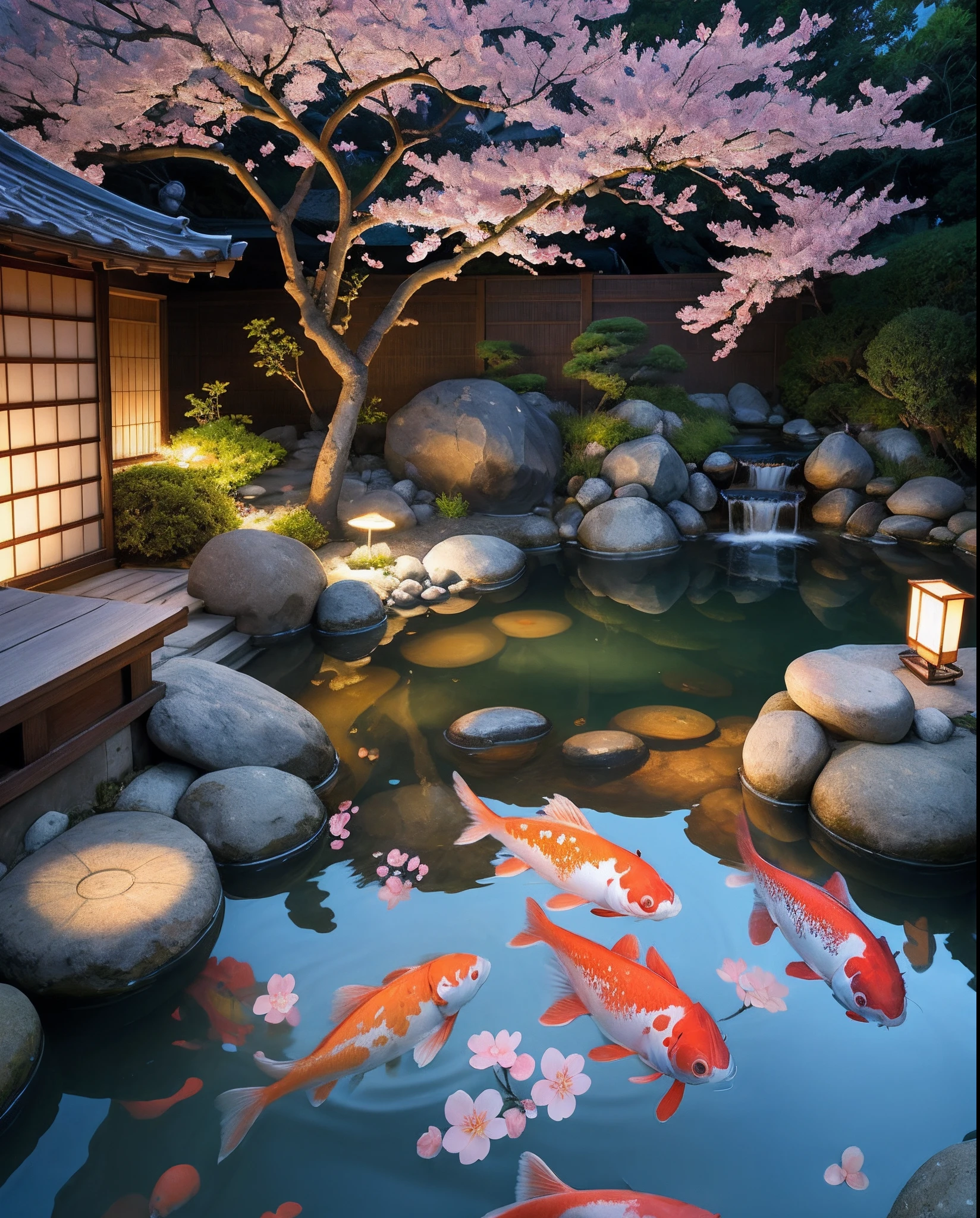 ancient Japanese art style, adorable, playful, cherry blossoms and a cherry in a vibrant koi fishpond with shimmering water, pastel triadic colors, volumetric lighting