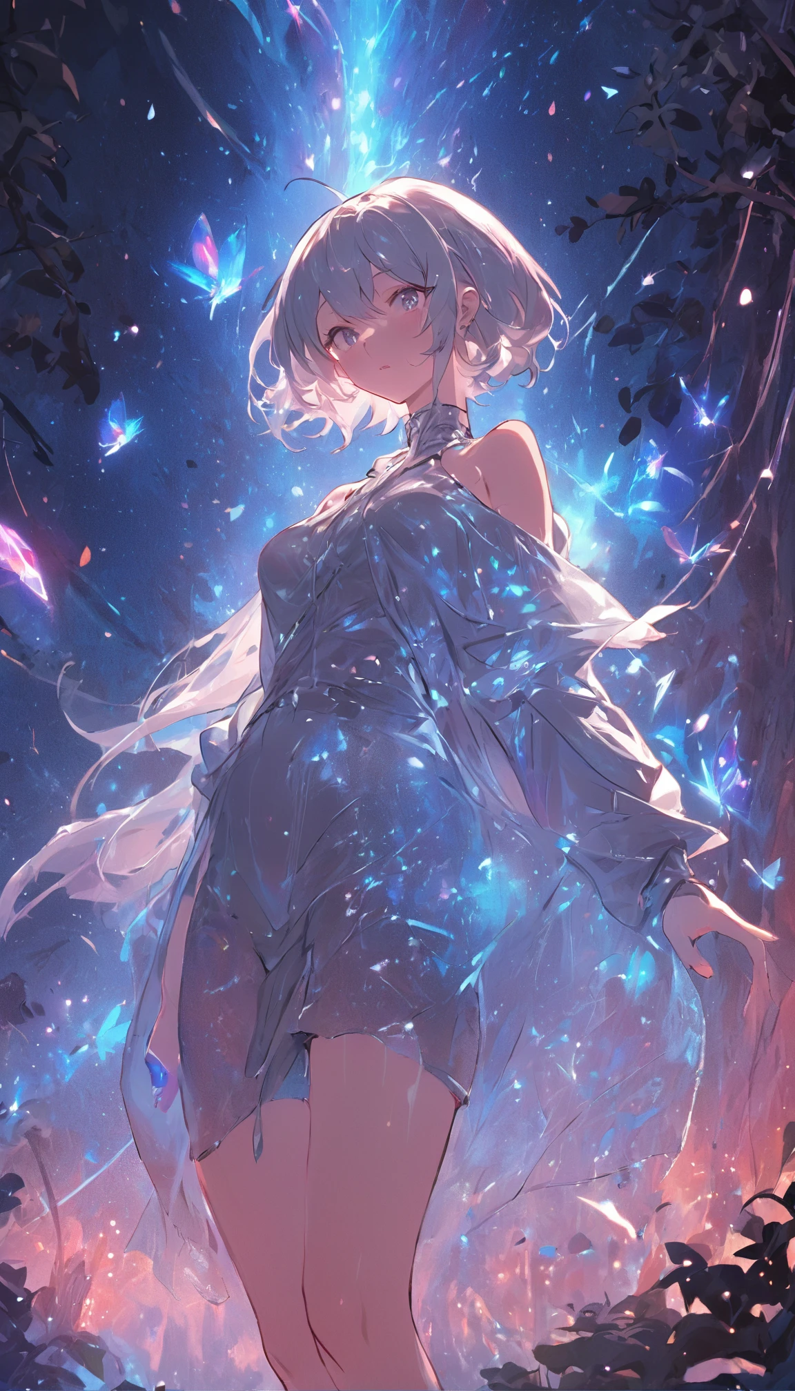 Sexy photo of the most beautiful piece of art in the world, illustartion, cinematiclight, Fantasy, hight resolution, topquality, Ultra Detailed, Best Quality, Masterpiece, (Detailed Face), Sexy mature woman wears a shirt and (torn) body complet (transparent galaxy) cloth coat, floating cloth, Choker, Glowing (Senior Crime Fantasy) Forest plants with neon details, open shoulders, tiny glowing butterfly, Barber Jewry, wearing a torn witch hat, (focus on body:1.25), night time, Small mutated animals in the background, torn miniskirt ,a potion on the hip, Shoulders, radiating magical energy, cameltoe, Dark, light reflection