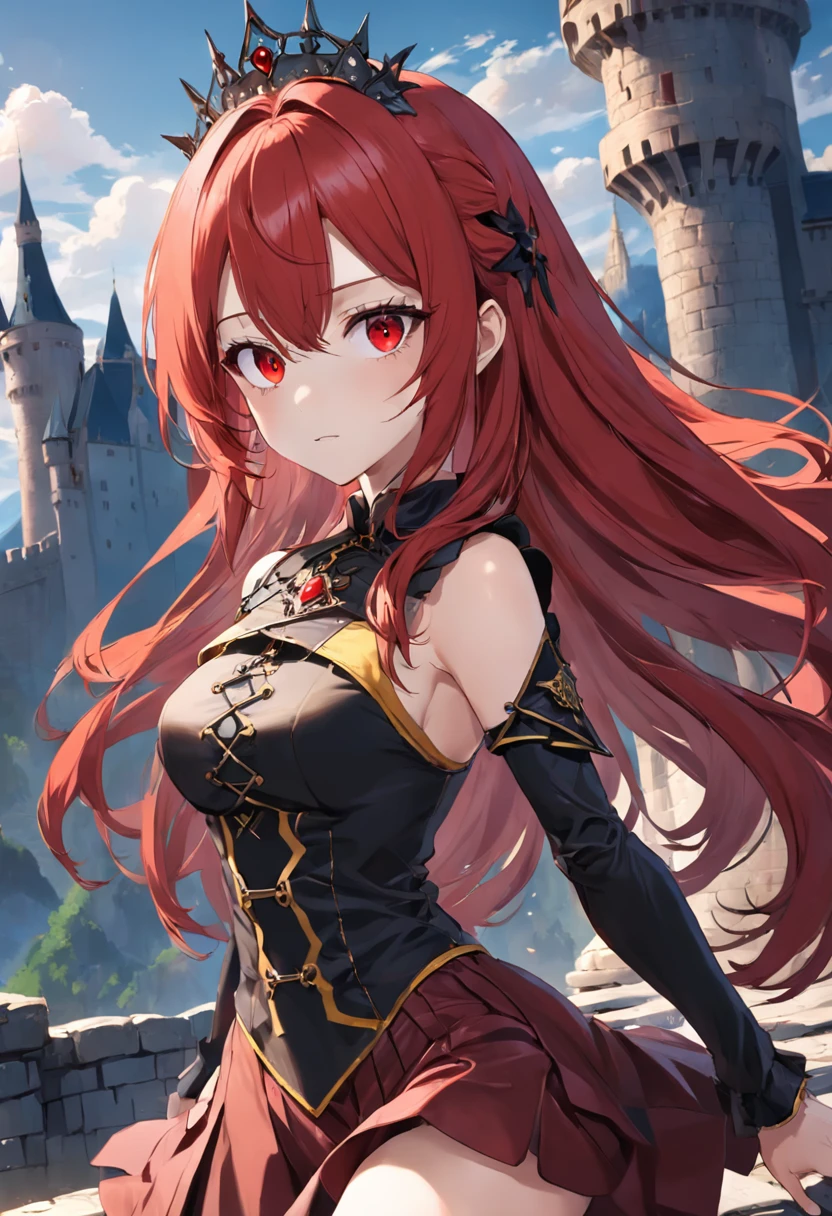 score_9, score_8_up, score_7_up, score_6_up, score_5_up, score_4_up, source_アニメ, tomboy girl, long hair, Bust Cup B , open-chest outfit, Guillotine Cross Set, breastplate, waist armor, Armor, red hair, metal hair accessories, red eyes, Sparkling eyes, Make Potions, ขายยา Potions, His right hand holds a vial of Potions. , Potions glass bottle, skull shape, clear glass, crystal Potions, clear red, light particles, Magical light