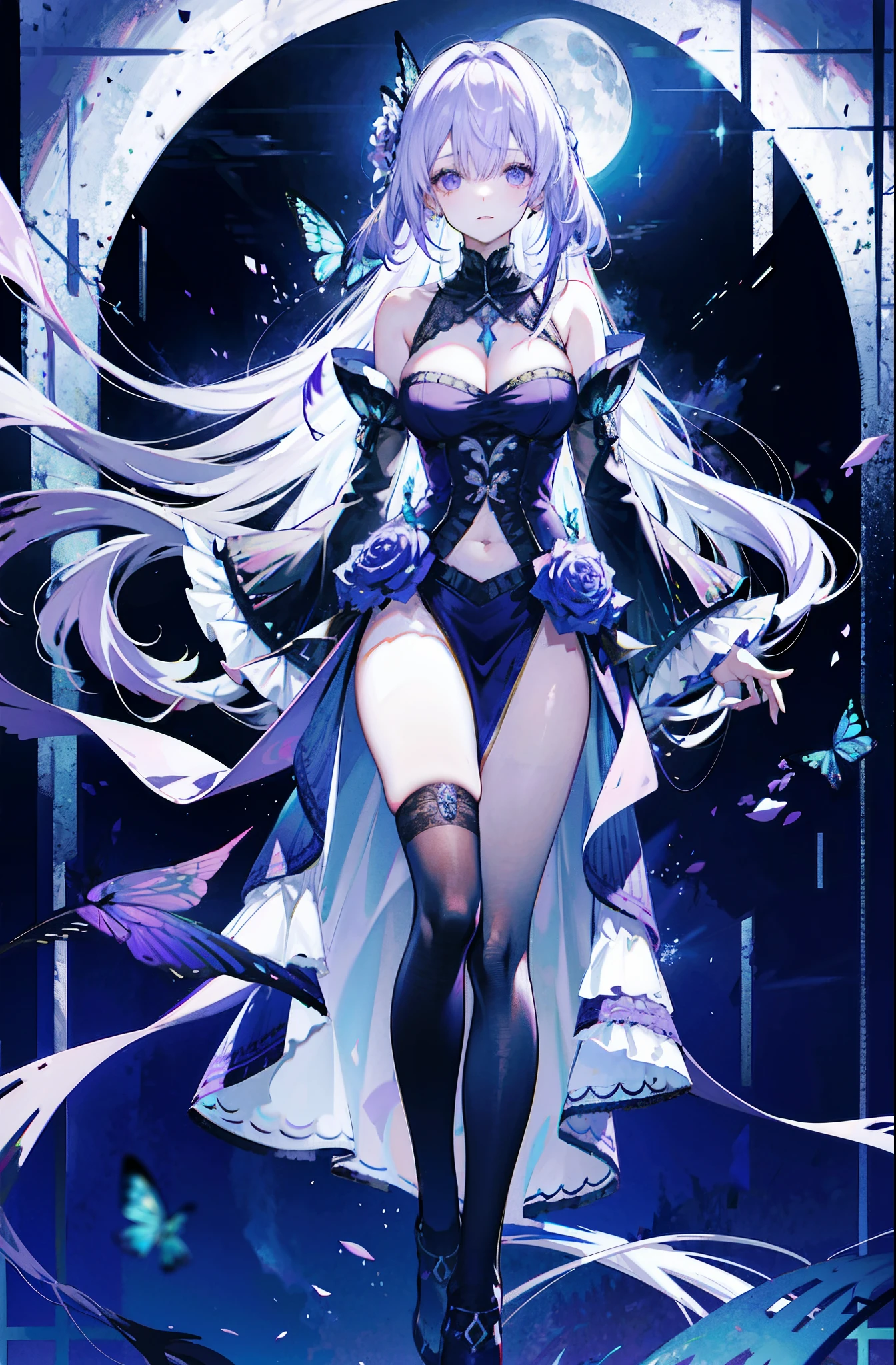 silber hair,butterflys,long whitr hair,8k wallpaper,detailedbackground,Highest high resolution,deep v big breasts,Hair over eyes,Bandeau,Church background,Purple roses,tight-fitting,themoon,stocklings,2 girls,Twin sisters