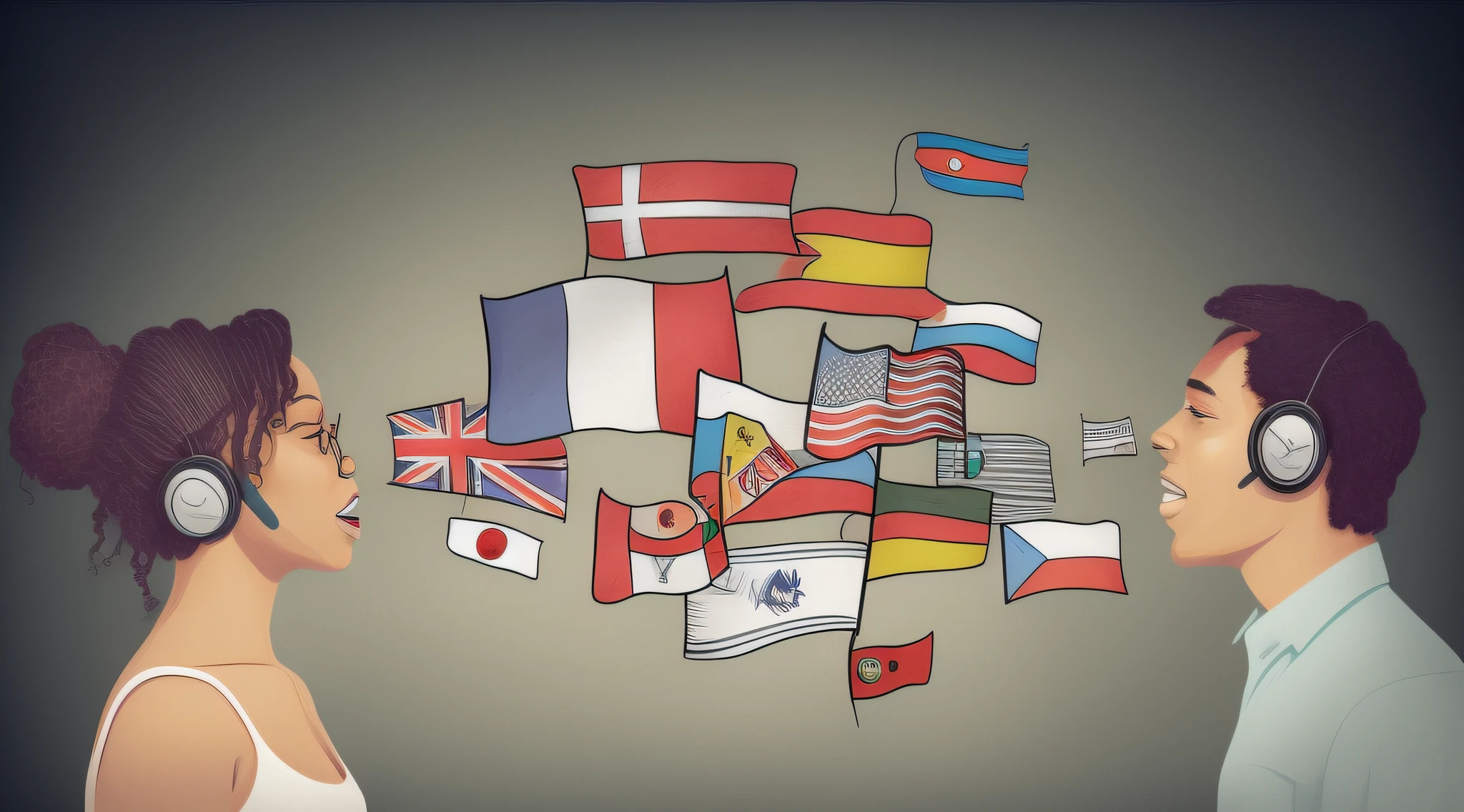 black woman and man with headphones looking at each other on both sides of the image, in the middle flags of different countries, Flags, illustration", Language, means language translation, vector color illustration,