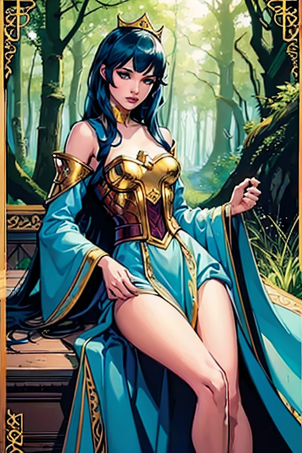 (masterpiece, top quality, best quality, official art, beautiful and aesthetic:1.2), (1girl:1.3), blue long hair, extremely detailed, portrait, looking at viewer, solo, (full body:0.6), detailed background, kingdom background, close up, cat eyes, (warm summer forest theme:1.1), princess, princess dress, teen, slim waist, slim hips, long legs, medieval, teal eyes, kingdom background, crown, bangs blue hair