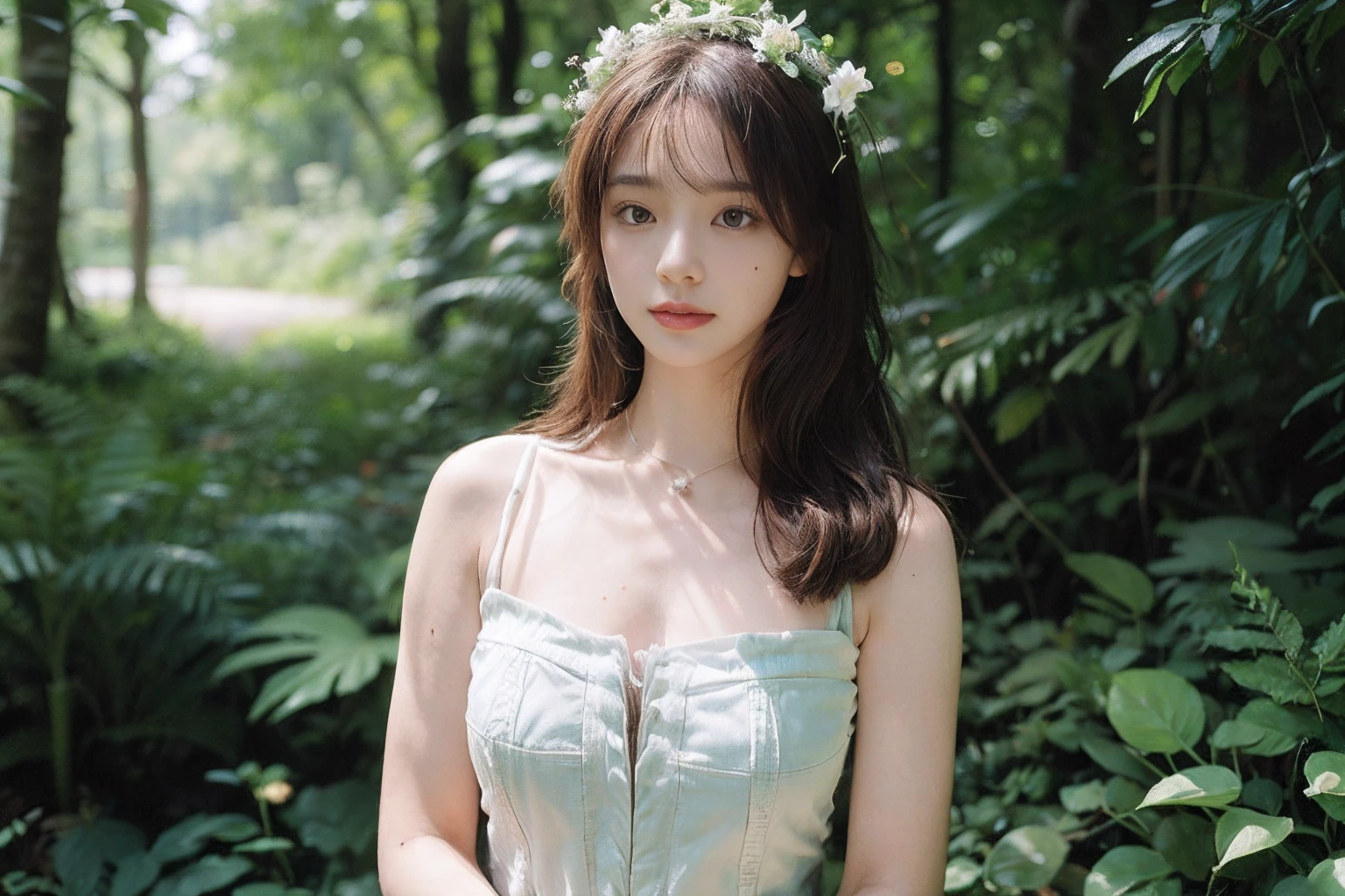 1girll, solo, flower, long whitr hair, The ultra-realistice, Top-level light rendering，Green Forest Park， Holding, holding flower, Brown hair, Look to the lens, The background is blurred out, Moles under eyes, Blurry, dark mole, The upper part of the body, Brown eyes, flor branca, Wear a delicate and beautiful garland on your head, Lips, White rose, Arms spread wide，Enjoy the afternoon sun，8k raw photo, butterfly around body, dreammy bg